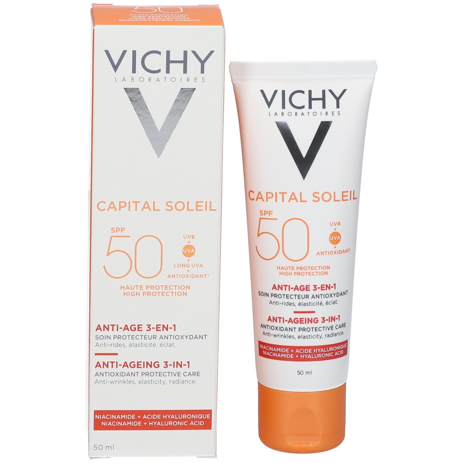 Verpackung mit VICHY CAPITAL SOLEIL SPF 50. Weiß und orange. Text: Anti-Age 3-in-1.