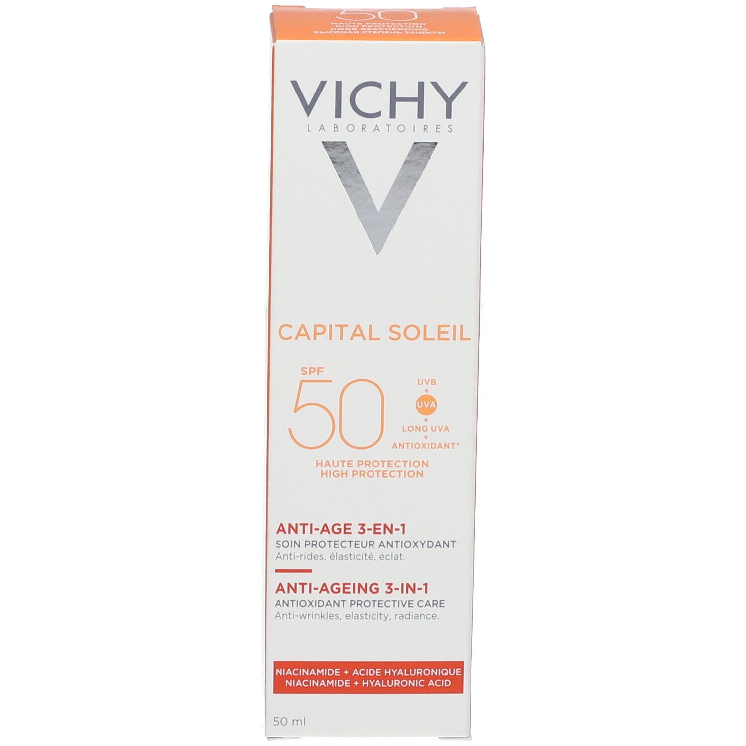 Verpackung mit VICHY CAPITAL SOLEIL SPF 50. Weiß und orange. Text: Anti-Age 3-in-1.