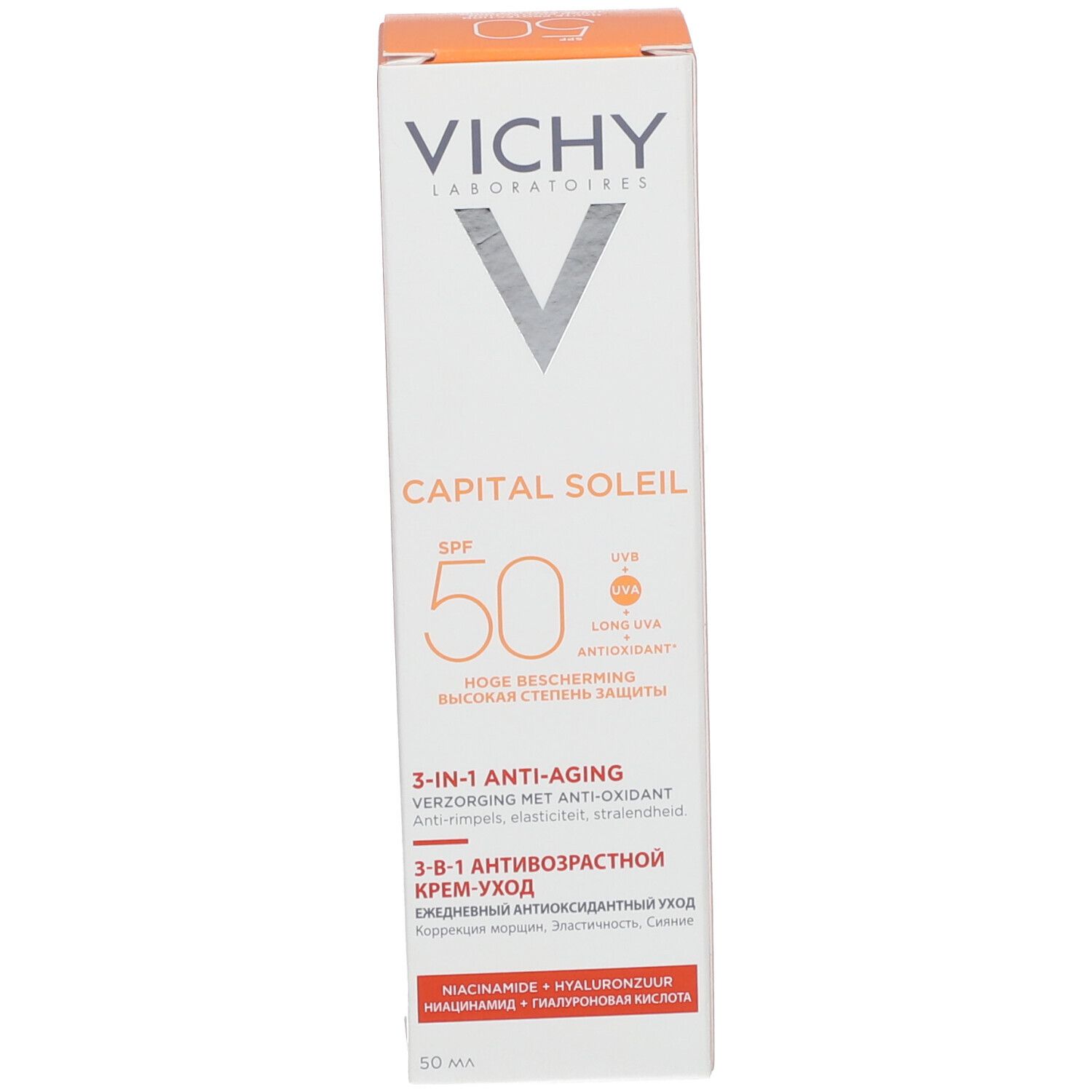 Seite der Verpackung. Text in mehreren Sprachen. VICHY CAPITAL SOLEIL SPF 50.