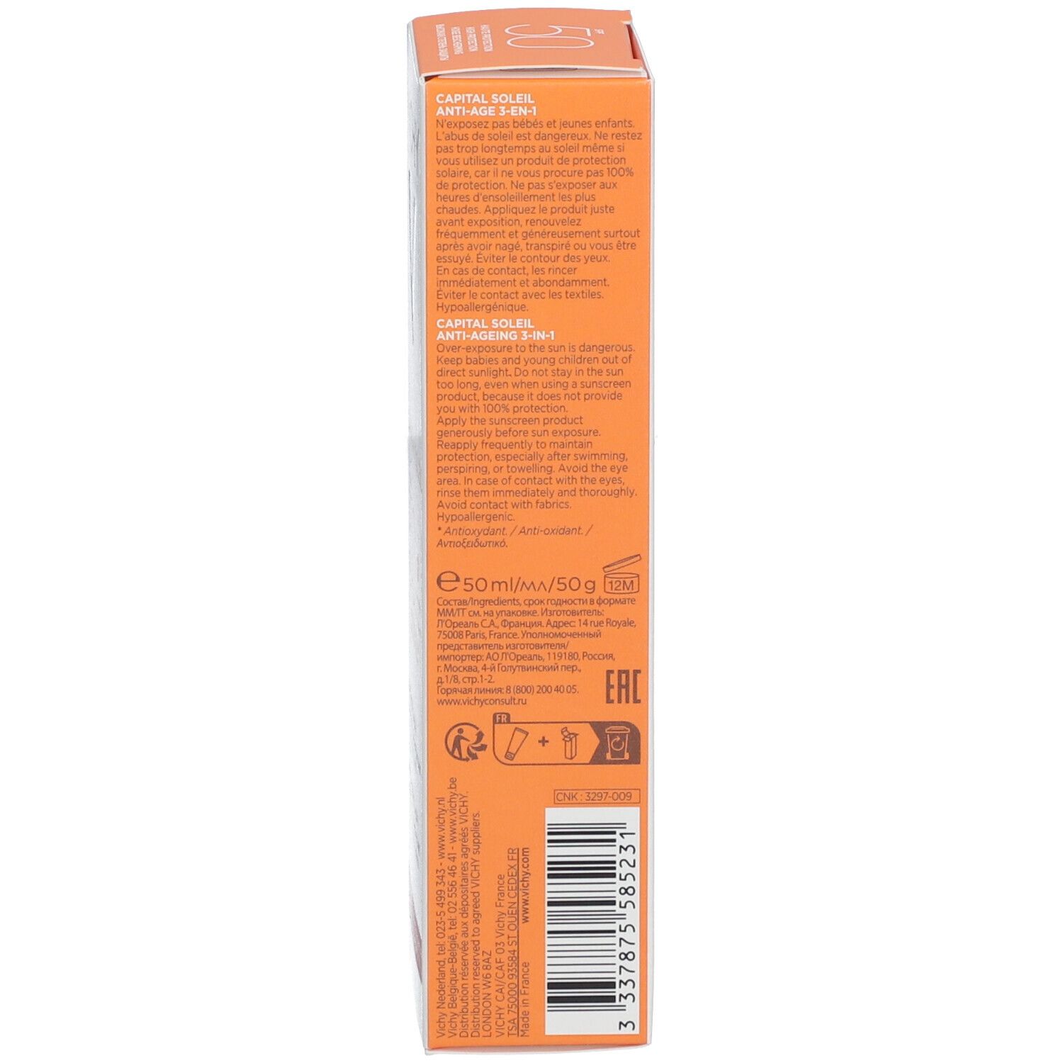 Tube mit VICHY CAPITAL SOLEIL SPF 50. Weiß und orange. Text: Anti-Age 3-in-1.