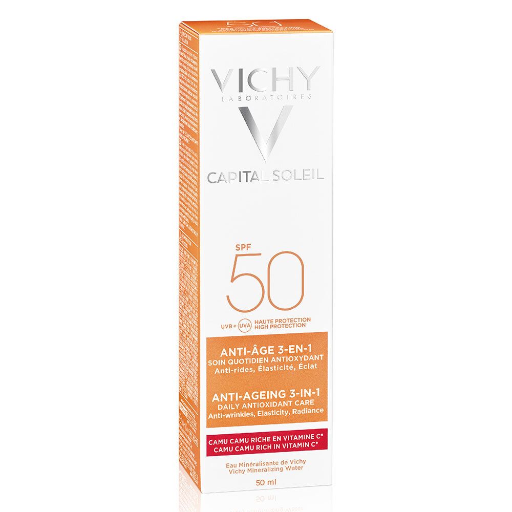 Verpackung mit VICHY CAPITAL SOLEIL SPF 50. Weiß und orange. Text: Anti-Age 3-in-1.