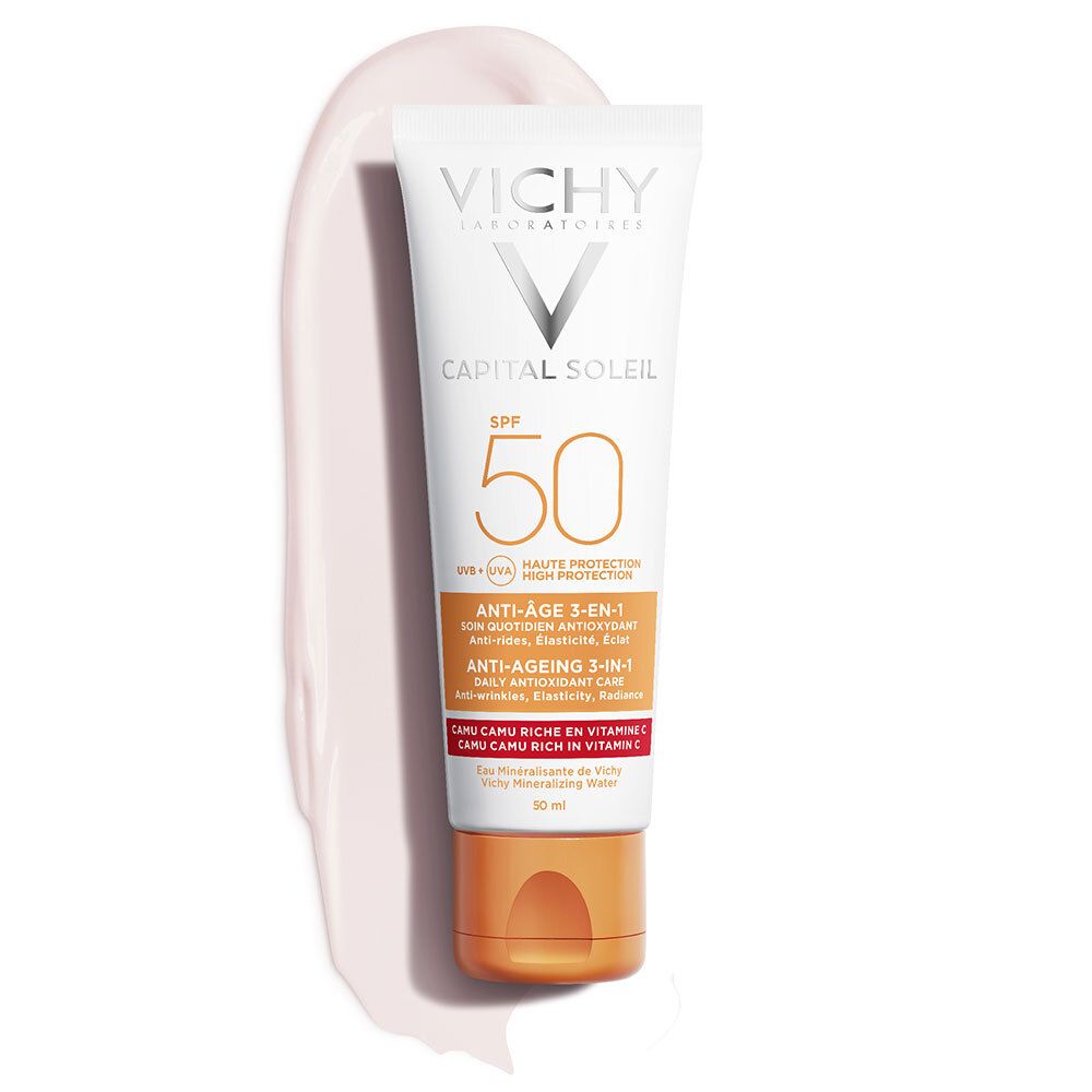Tube mit Sonnencreme und Klecks. VICHY CAPITAL SOLEIL SPF 50. Text: Anti-Age 3-in-1.