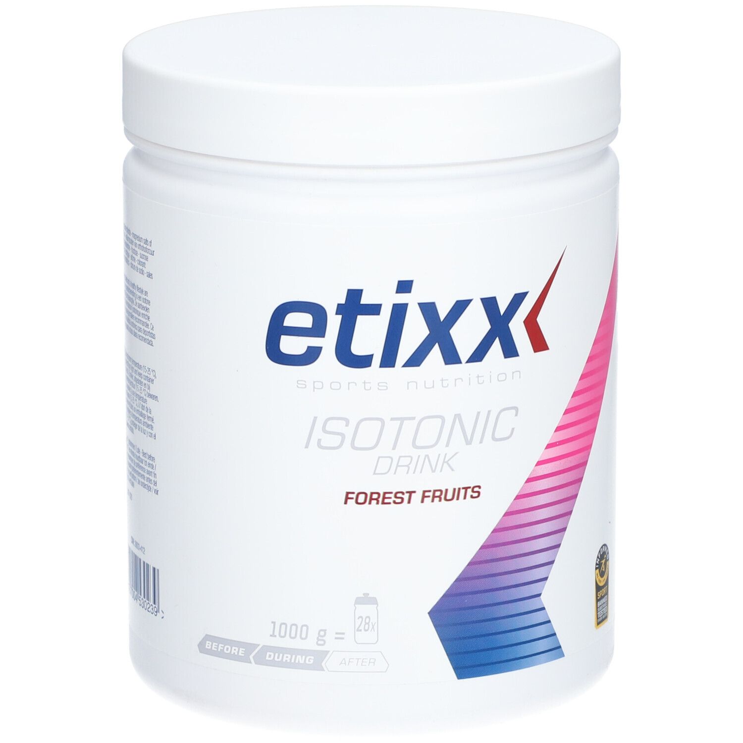 Witte pot met blauw-roze design. Opschrift: etixx ISOTONIC DRINK FOREST FRUITS. 1000g.