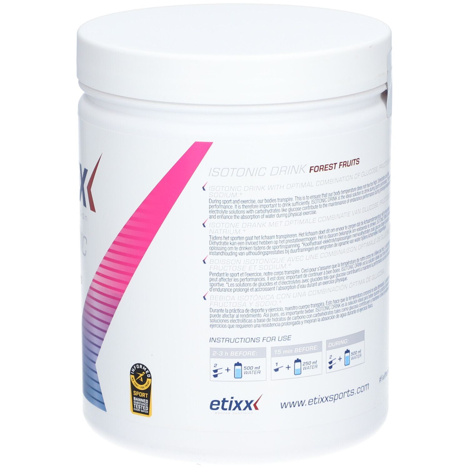 Achterkant van de witte pot. Bevat tekst en certificeringen. Opschrift: etixx ISOTONIC DRINK FOREST FRUITS.