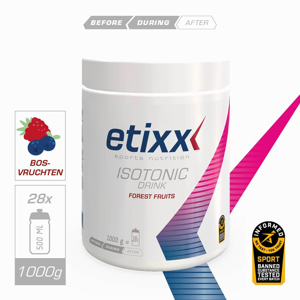 Afbeelding met productinformatie. Opschrift: etixx ISOTONIC DRINK. Bevat fruit.
