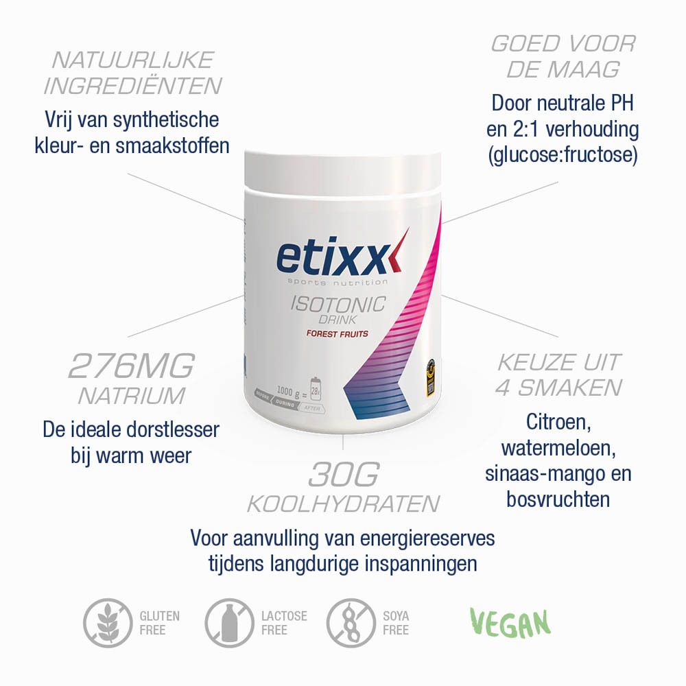 Afbeelding met productinformatie. Opschrift: etixx ISOTONIC DRINK. Bevat informatie en ingrediënten.