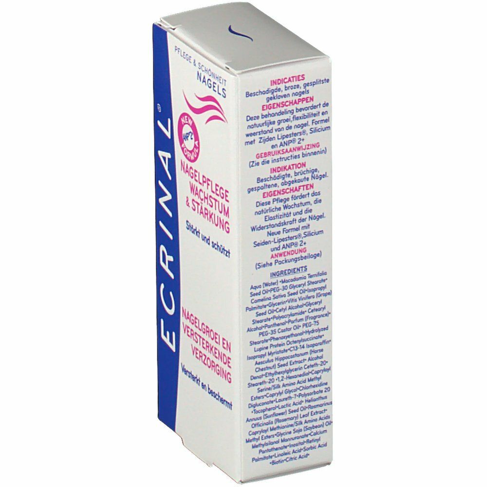 Boîte ECRINAL® pour ongles. Blanche avec texte bleu et rose. Ingrédients et informations. Soin croissance & résistance. Nail growth care.