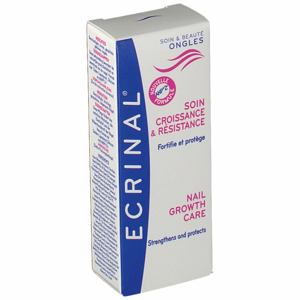 Boîte ECRINAL® pour ongles. Blanche, bleue et rose. Texte: Soin croissance & résistance. Nail growth care. Fortifie et protège.