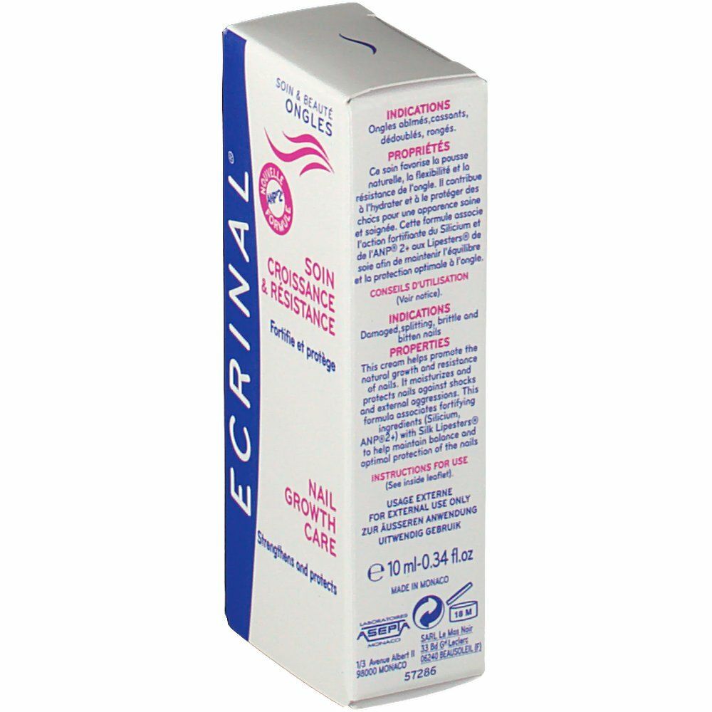 Boîte ECRINAL® pour ongles. Blanche avec texte bleu et rose. Soin croissance & résistance. Nail growth care. 10 ml.