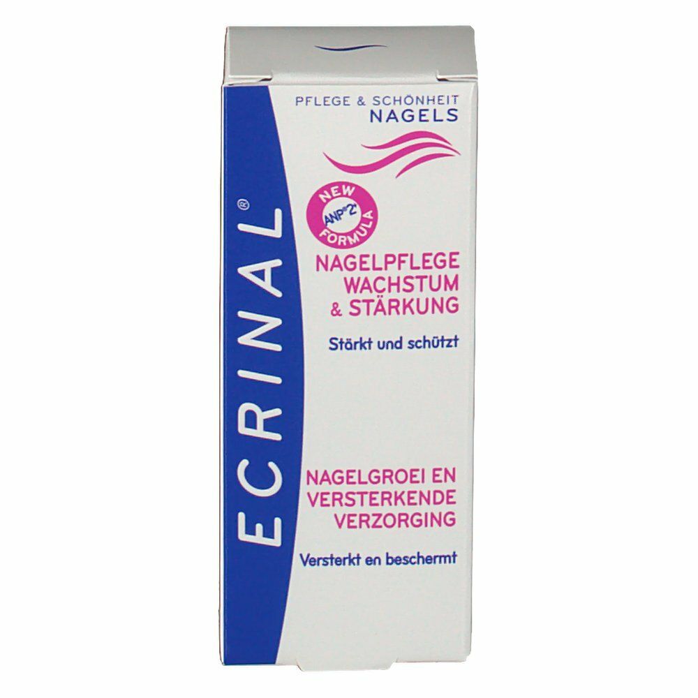 Boîte ECRINAL® pour ongles. Blanche, bleue et rose. Texte: Soin croissance & résistance. Nail growth care. Renforce et protège.