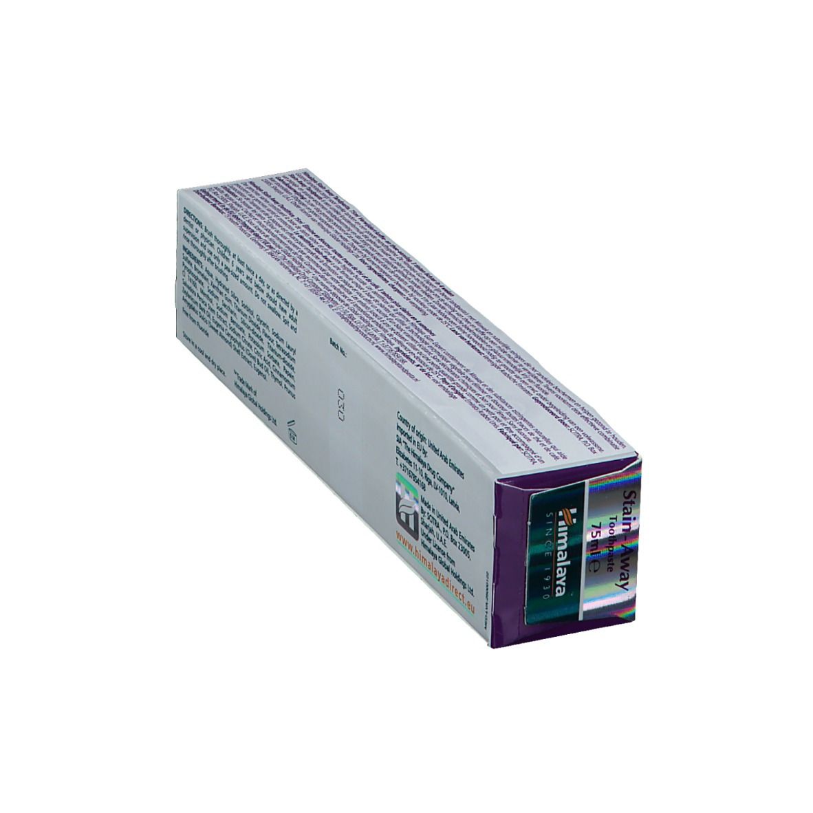 Schräg gestellte Rückseite der Zahnpasta-Verpackung "Himalaya Stain-Away". Enthält Inhaltsstoffe, Gebrauchsanweisung und Herstellerinformationen.