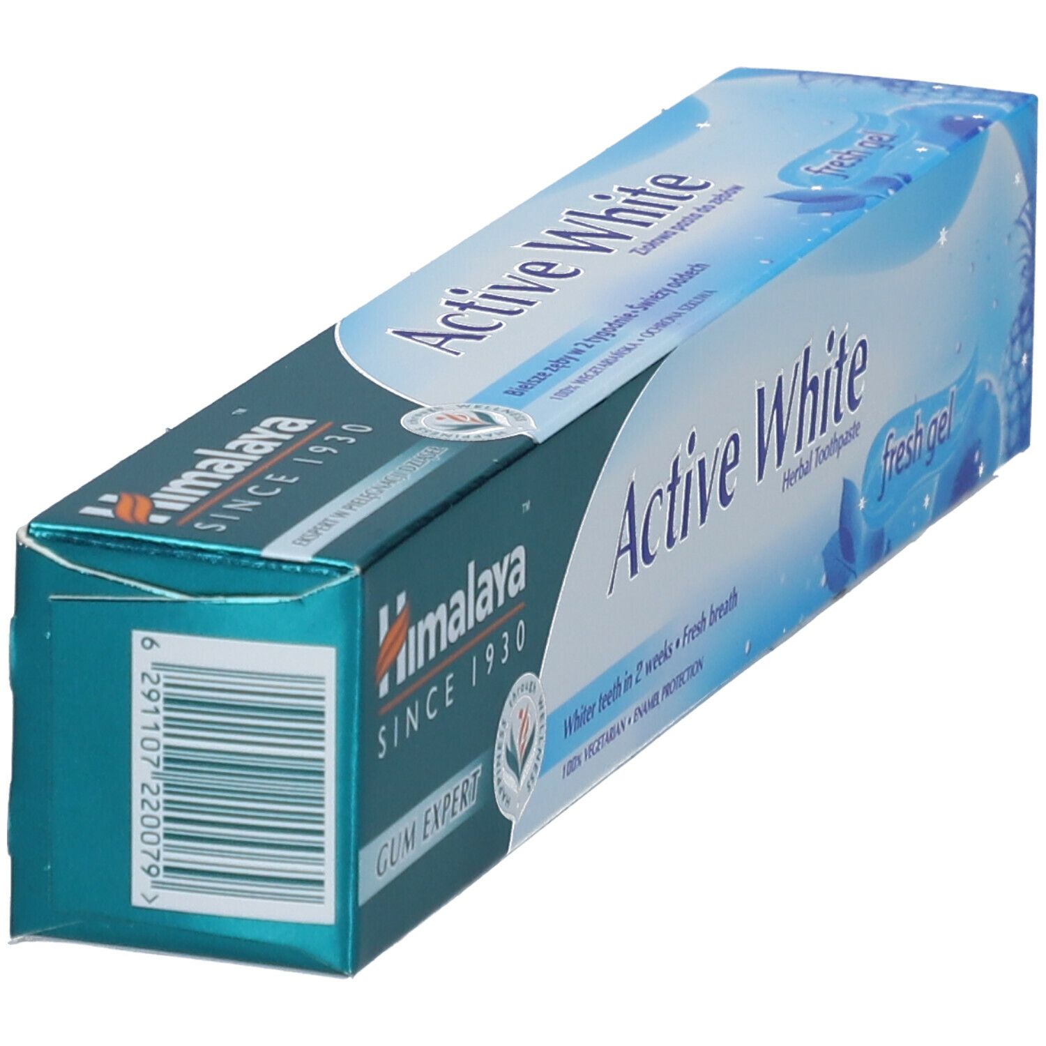 Emballage de dentifrice "Active White" Himalaya. Couleurs bleu et blanc. Texte et logo.