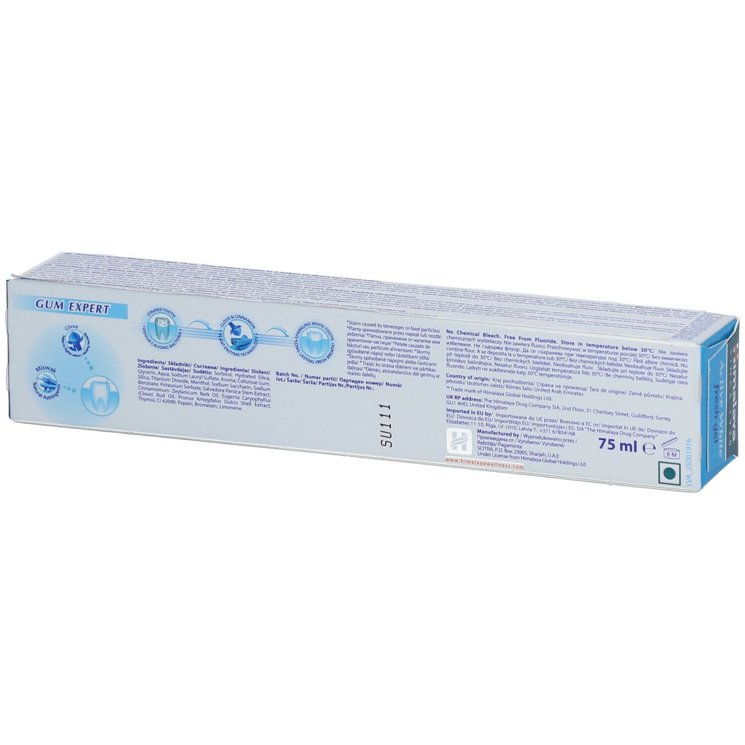 Dos de l'emballage de dentifrice "Active White". Texte multilingue, ingrédients et logo.