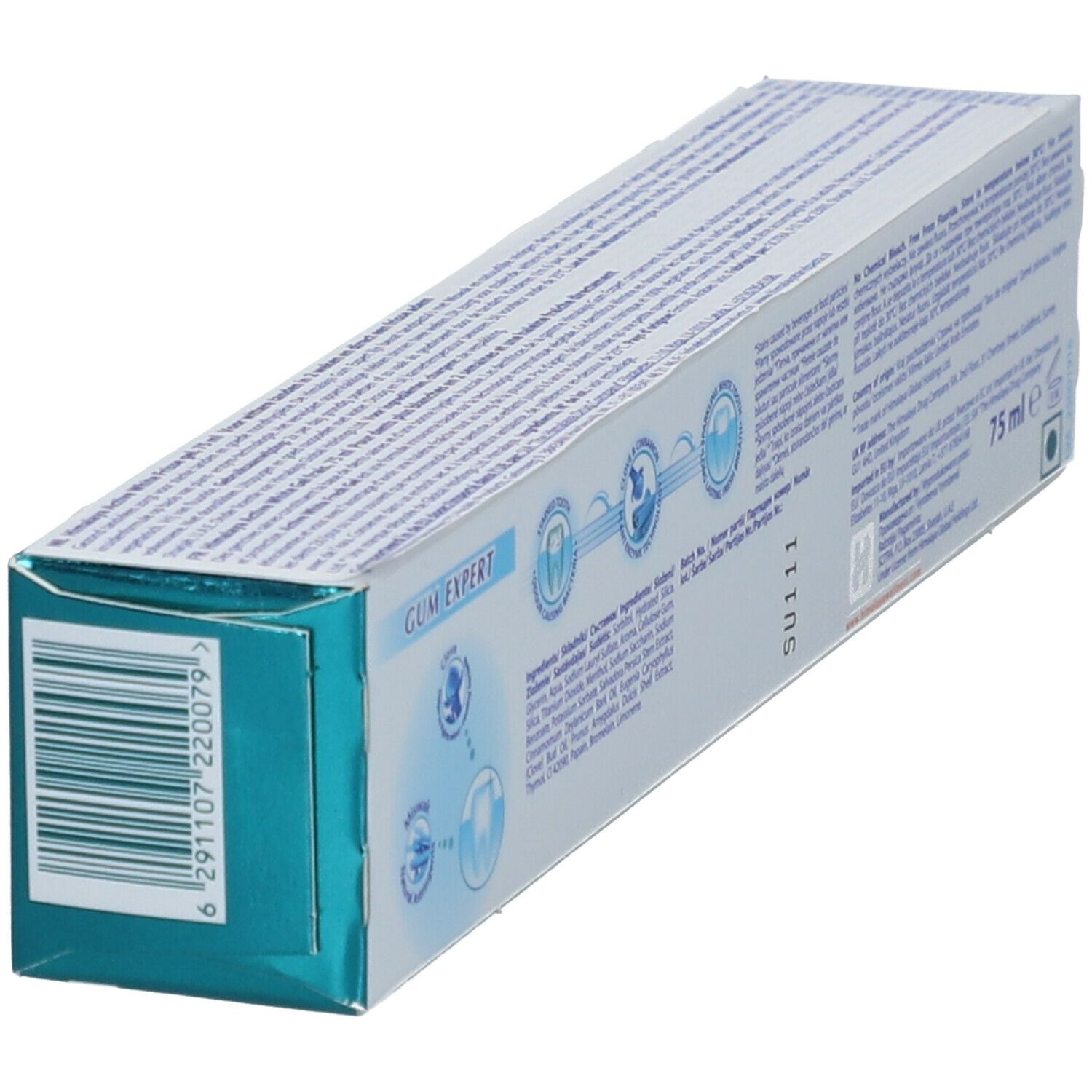 Vue oblique du dos de l'emballage de dentifrice "Active White". Texte, logos et code-barres.