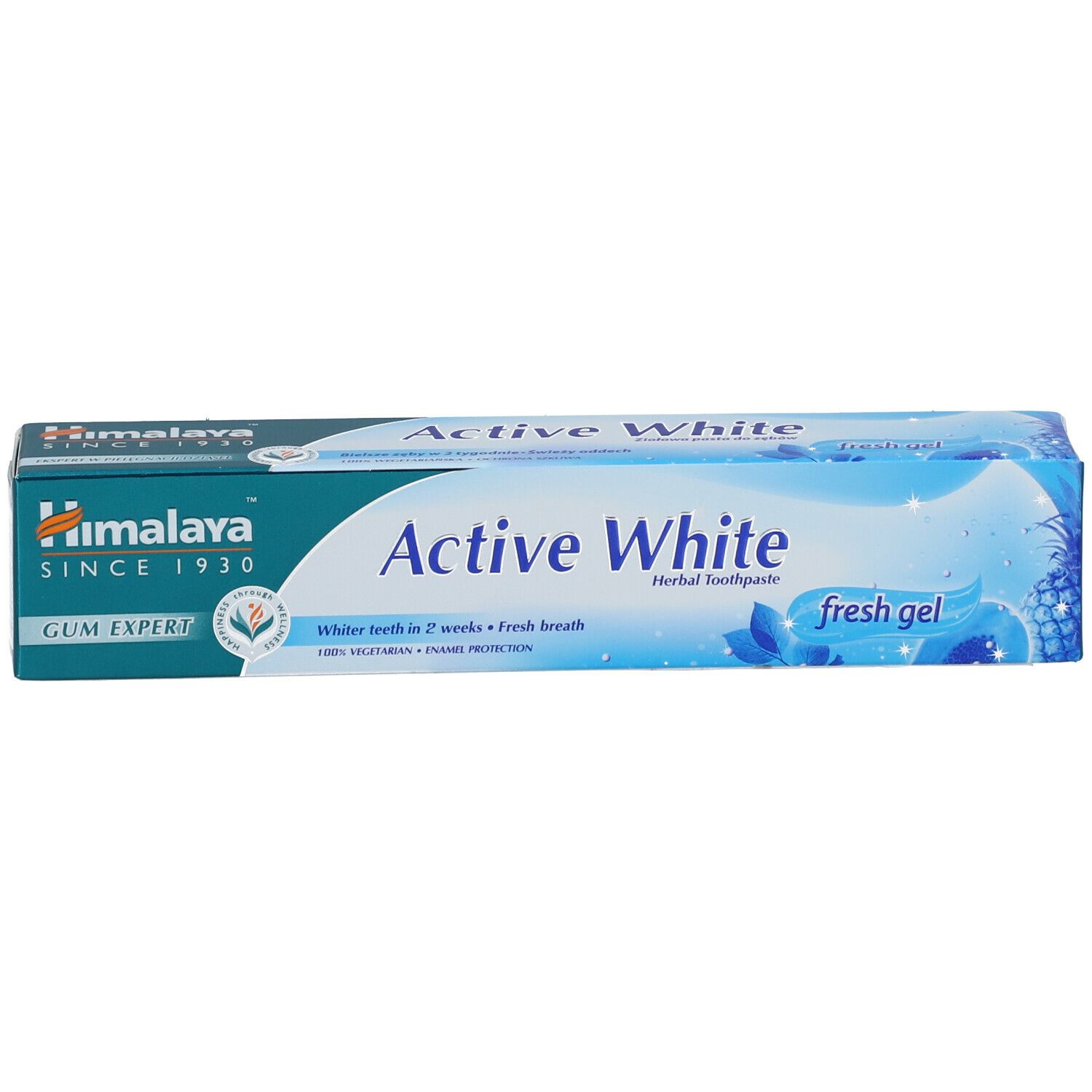 Emballage de dentifrice "Active White" Himalaya. Couleurs bleu et blanc. Texte et logo.