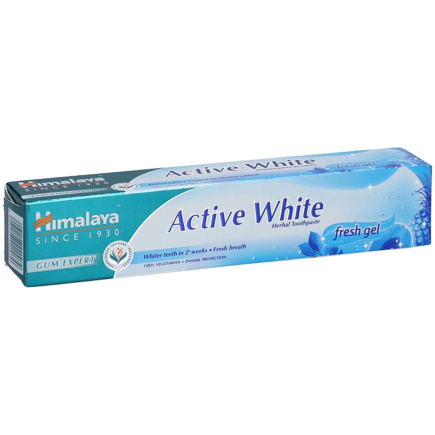Emballage de dentifrice "Active White" Himalaya. Couleurs bleu et blanc. Texte et logo.