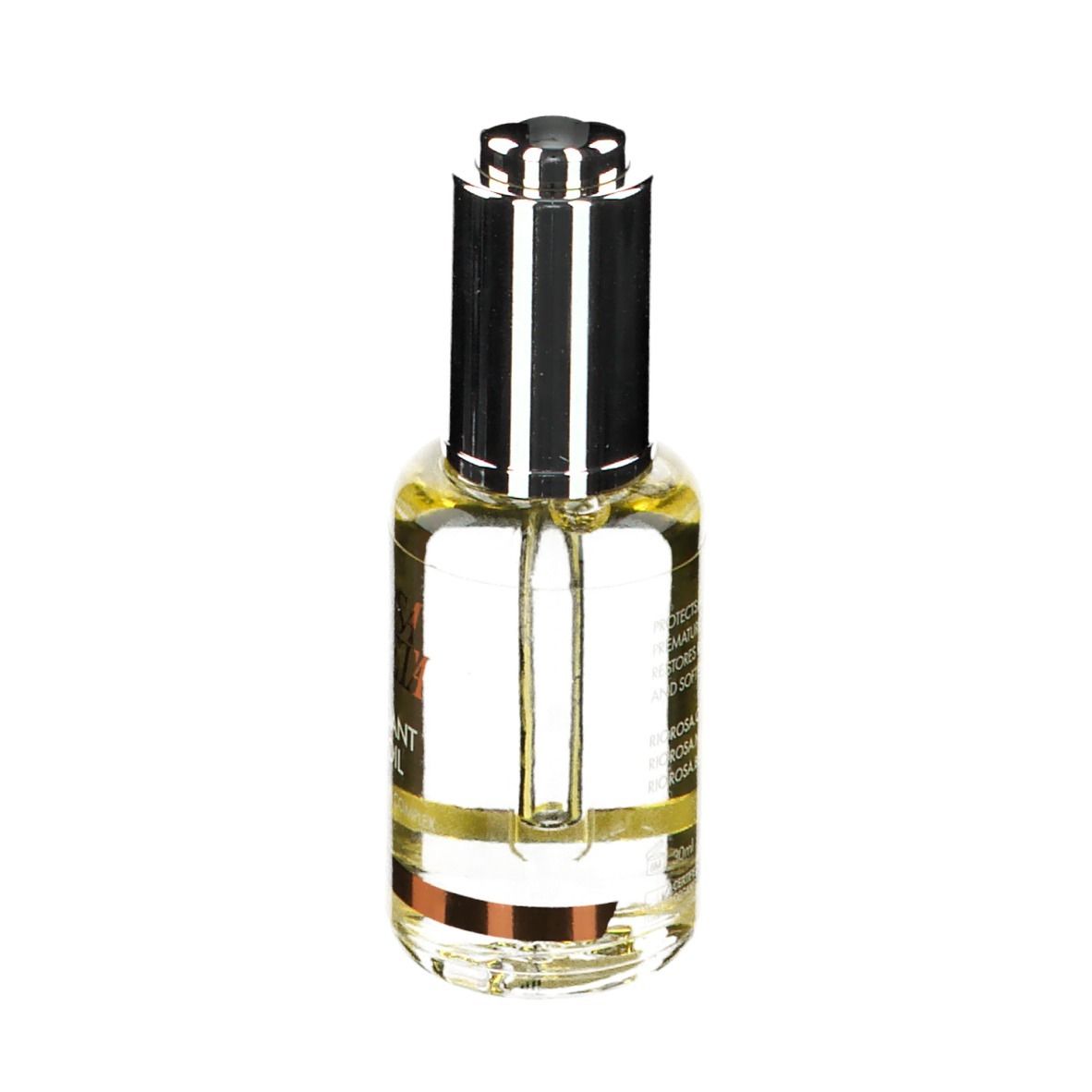 Huile faciale en flacon de verre avec pipette argentée. Inscription : Rio Rosa Mosqueta, Antioxidant Oil. Pipette dans le col.