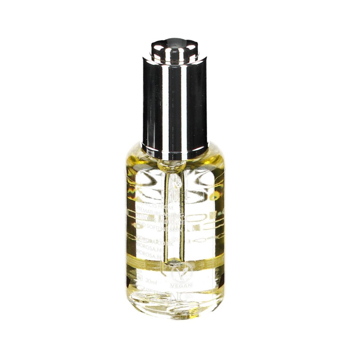 Huile faciale en flacon de verre avec pipette argentée. Inscription : Rio Rosa Mosqueta, Antioxidant Oil. Pipette dans le col.