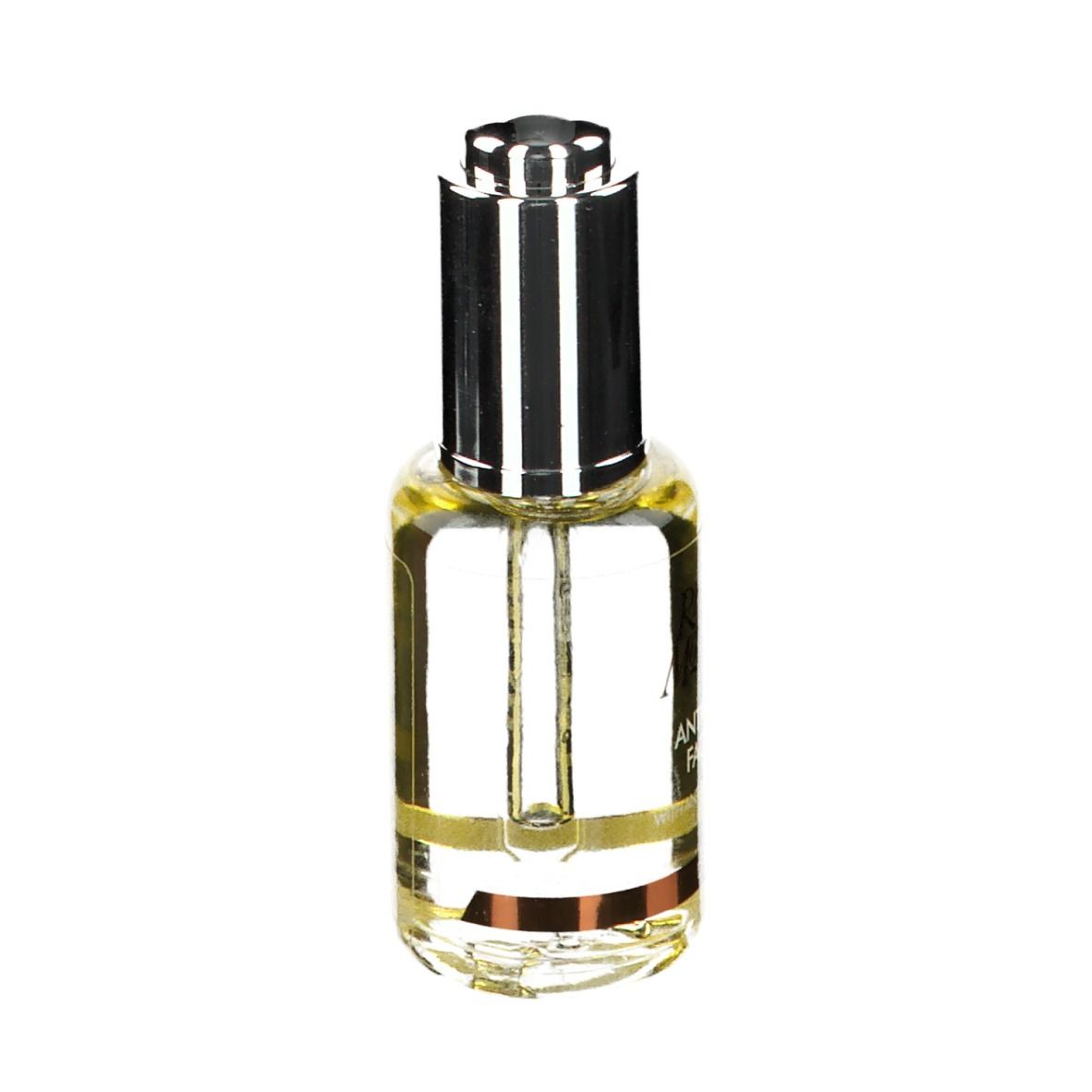 Huile faciale en flacon de verre avec pipette argentée. Inscription : Rio Rosa Mosqueta, Antioxidant Oil. Pipette dans le col.
