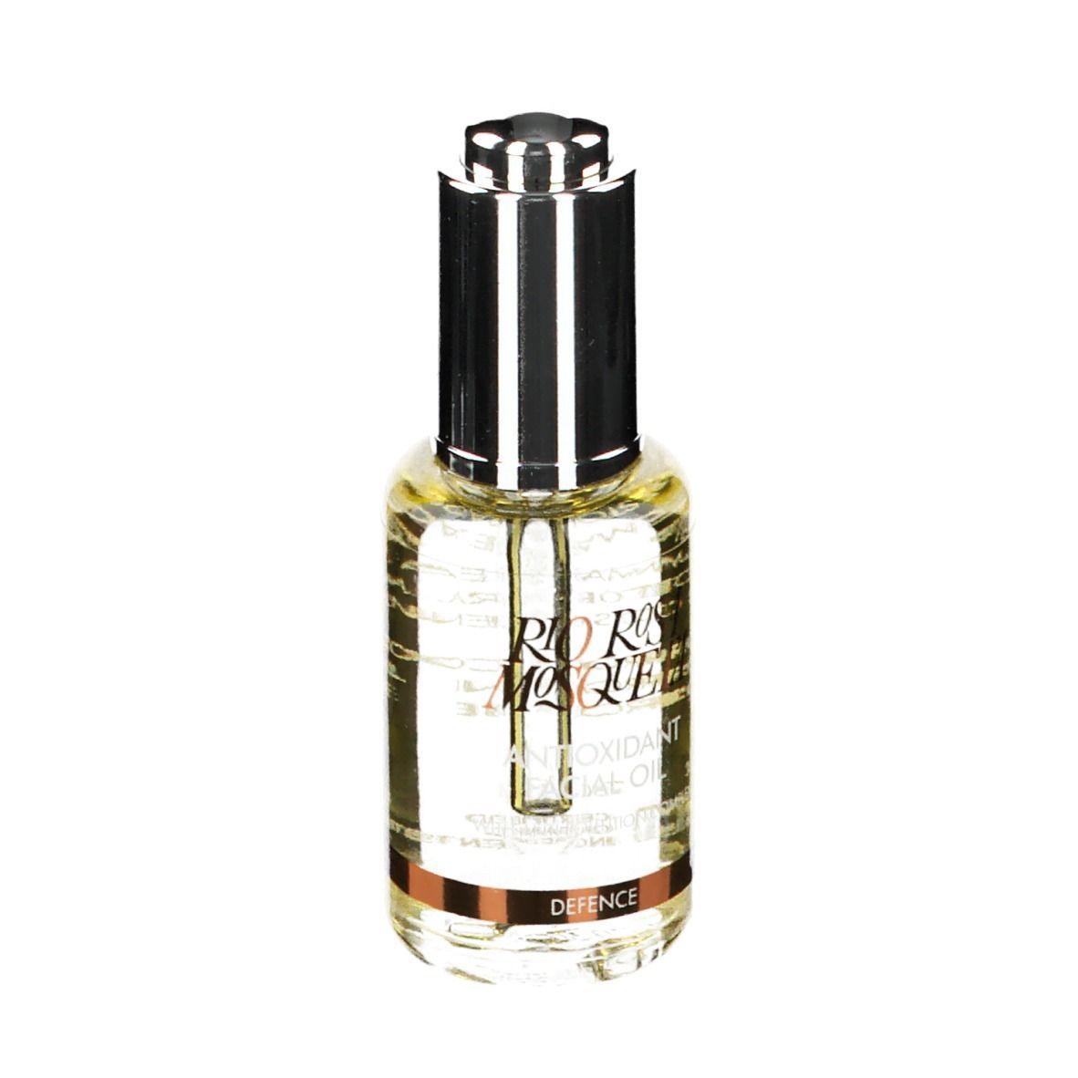 Huile faciale en flacon de verre avec pipette argentée. Inscription : Rio Rosa Mosqueta, Antioxidant Oil, Defence. Pipette dans le col.