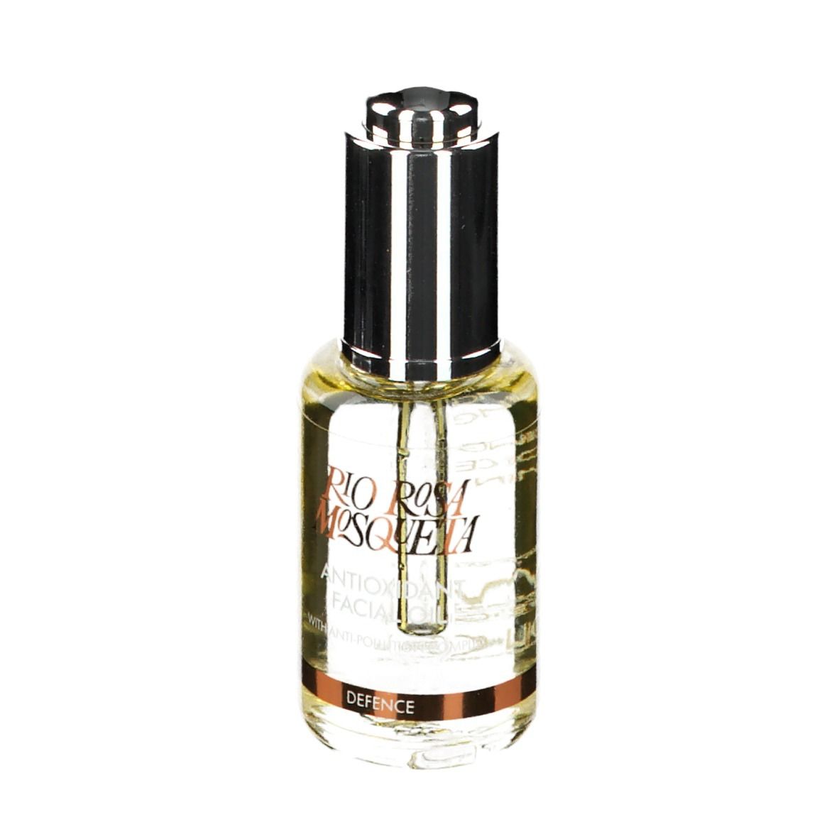 Huile faciale en flacon de verre avec pipette argentée. Inscription : Rio Rosa Mosqueta, Antioxidant Facial Oil, Defence. Pipette dans le col.