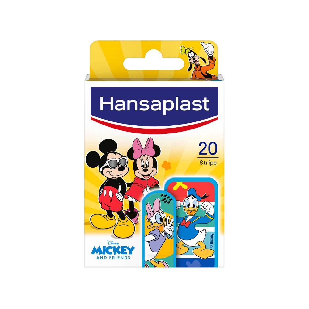 Verpakking Hansaplast pleisters voor kinderen met Mickey Mouse & Friends. 20 pleisters.