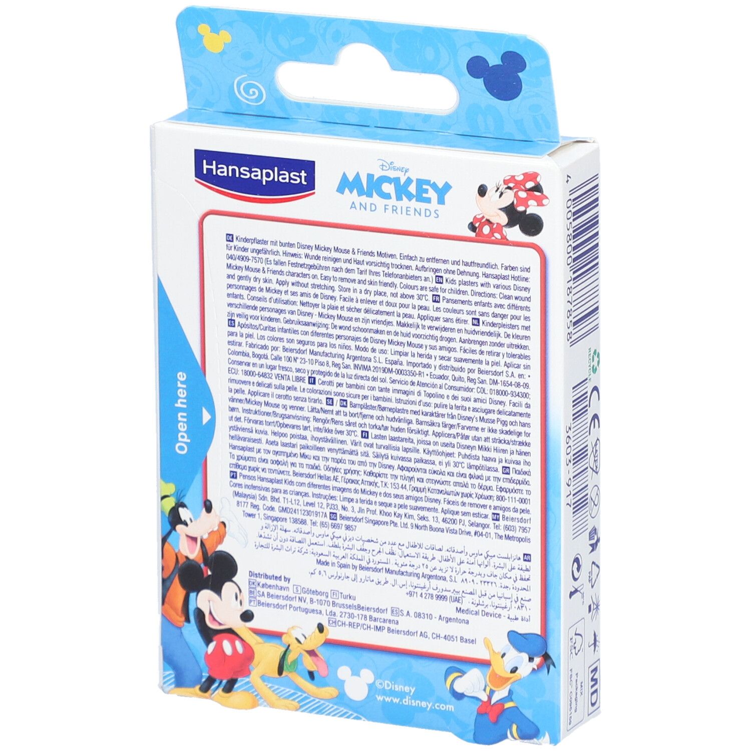 Achterkant van de Hansaplast pleisterverpakking met Mickey Mouse & Friends. Tekst en logo's.