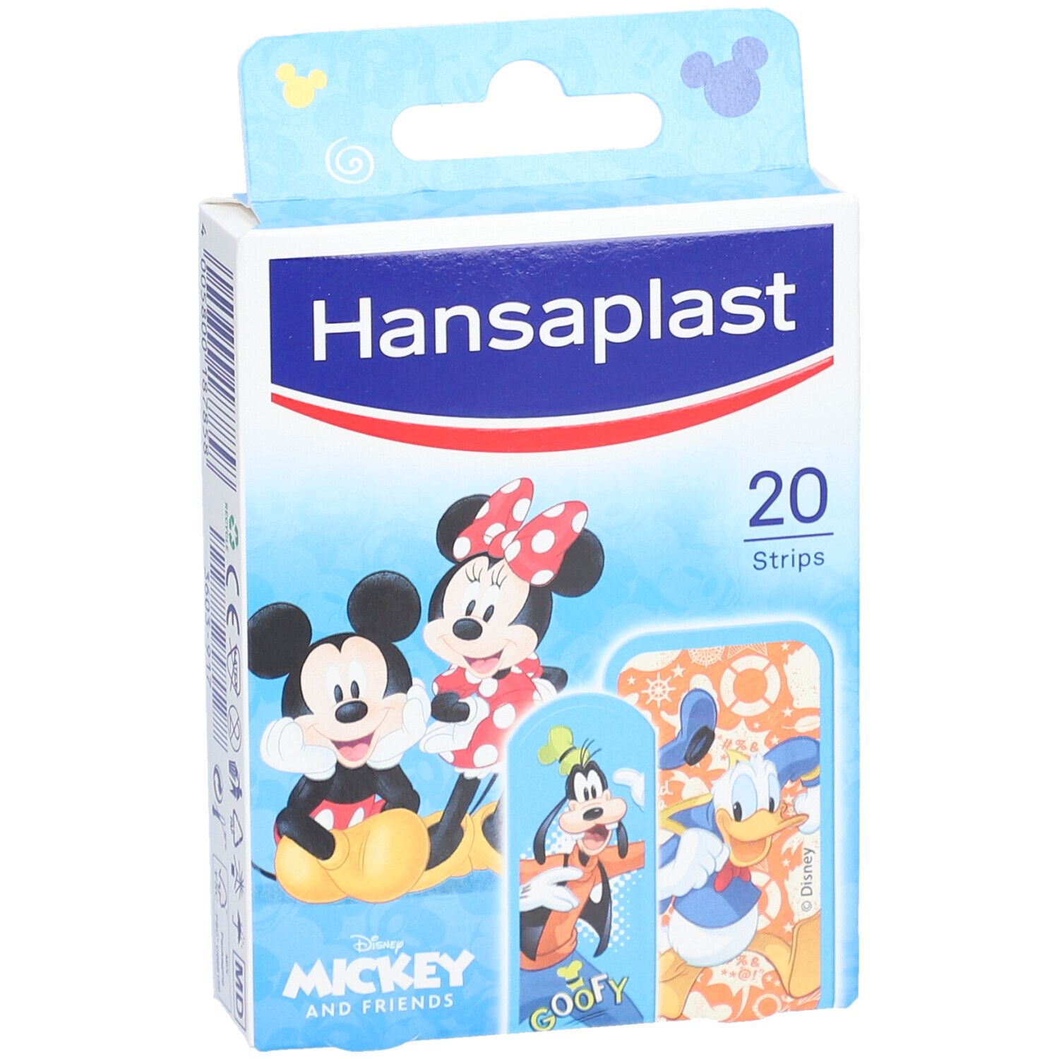 Verpakking Hansaplast pleisters voor kinderen met Mickey Mouse & Friends. 20 pleisters.