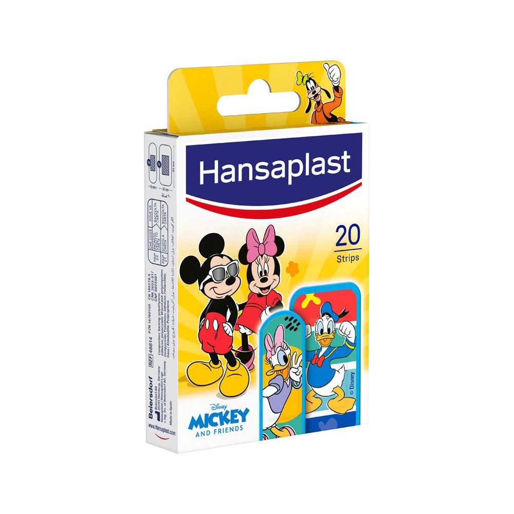 Verpakking Hansaplast pleisters voor kinderen met Mickey Mouse & Friends. 20 pleisters.