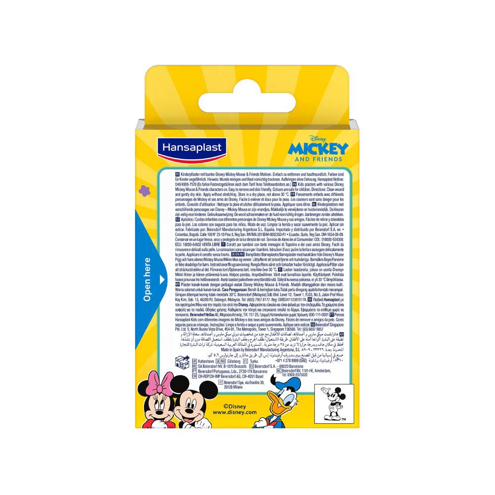 Achterkant van de Hansaplast pleisterverpakking met Mickey Mouse & Friends. Tekst en logo's.