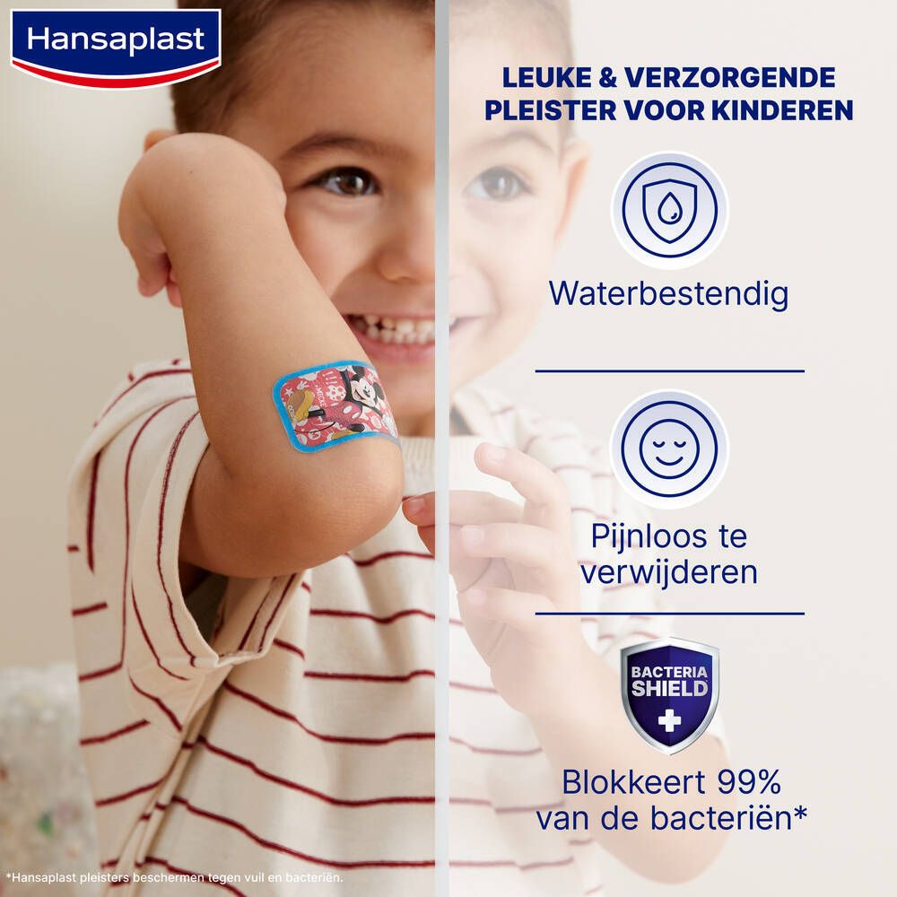 Kind met pleister op de arm. Tekst: Leuke & verzorgende pleister voor kinderen.