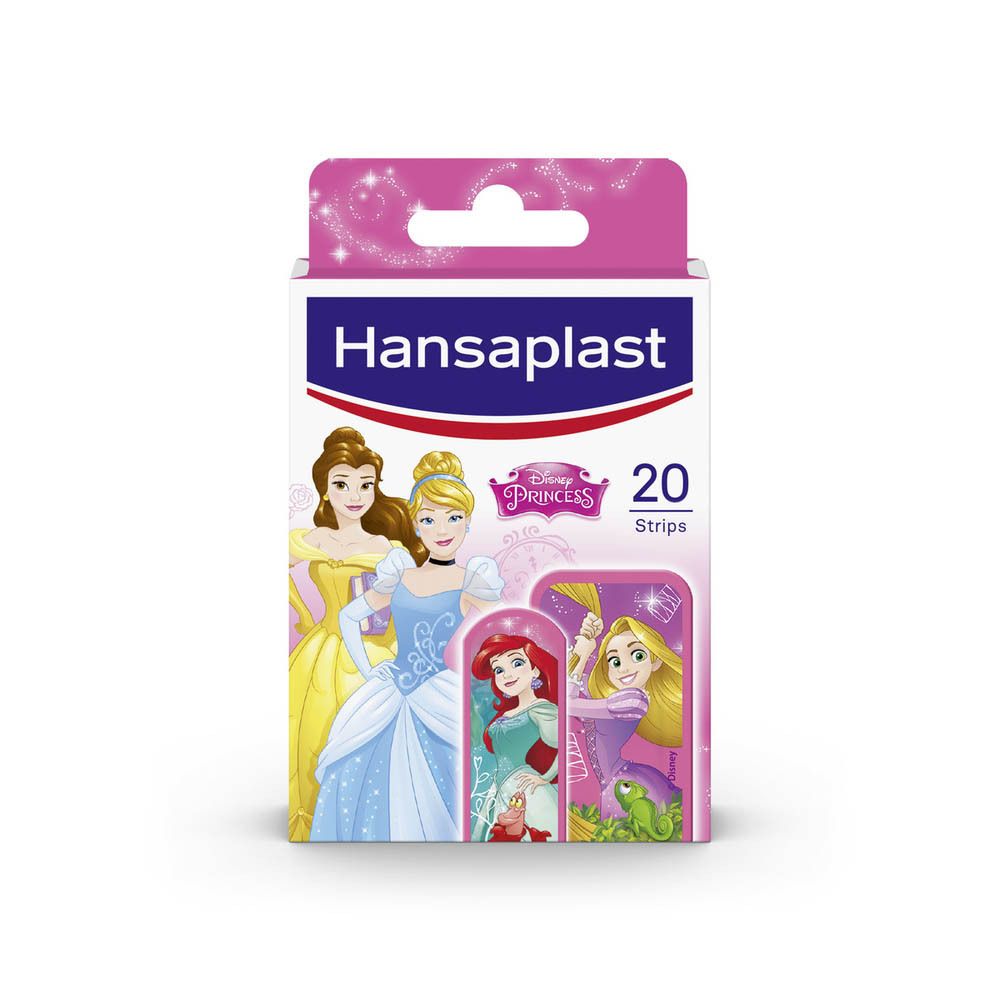 Boîte de pansements. Imprimé Princesses Disney. 20 pièces. Design rose et blanc avec nom du produit.