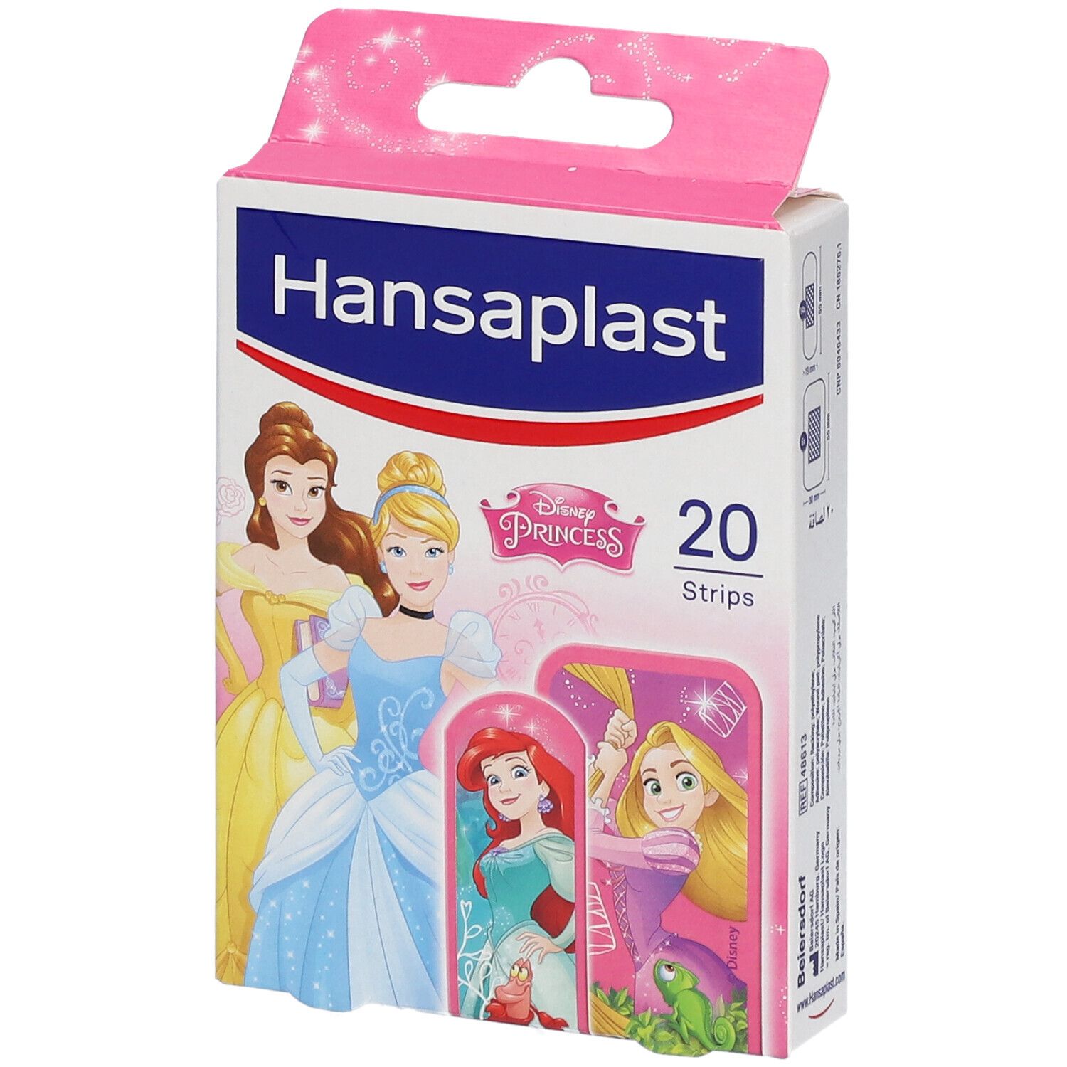 Boîte de pansements. Imprimé Princesses Disney. 20 pièces. Design rose et blanc avec nom du produit.