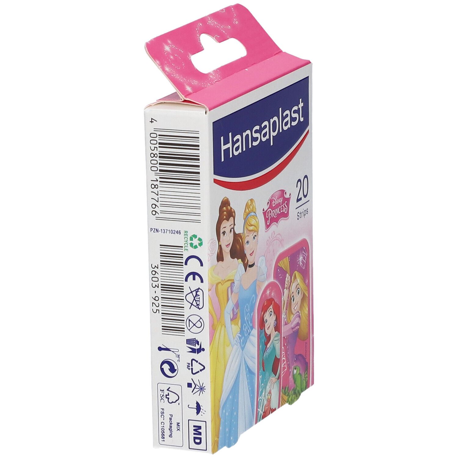 Emballage étroit de pansements. Imprimé Princesses Disney. Nom et logo du produit. Design rose et blanc.