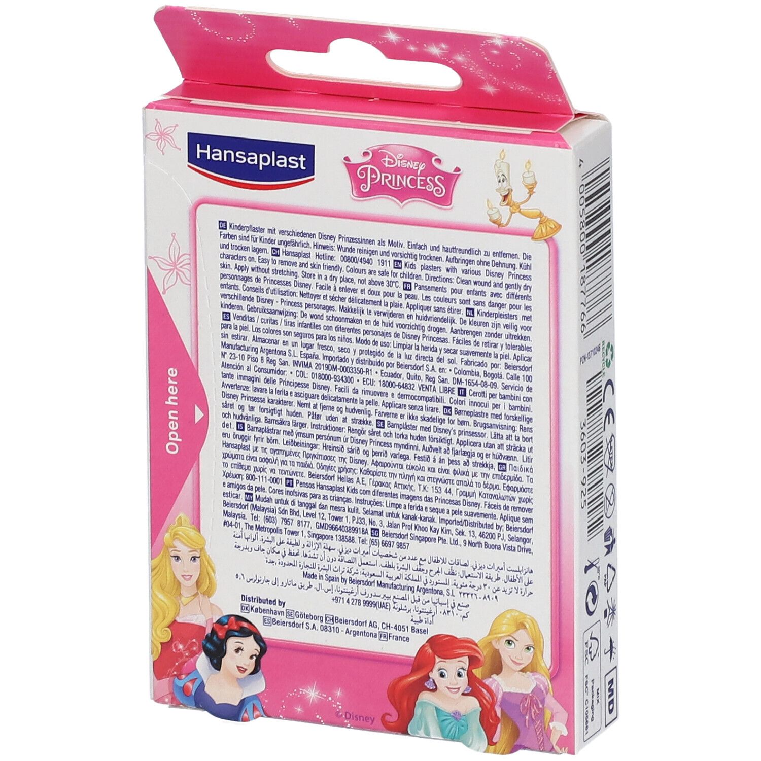 Dos de l'emballage des pansements. Texte multilingue. Illustrations Princesses Disney. Fond rose.