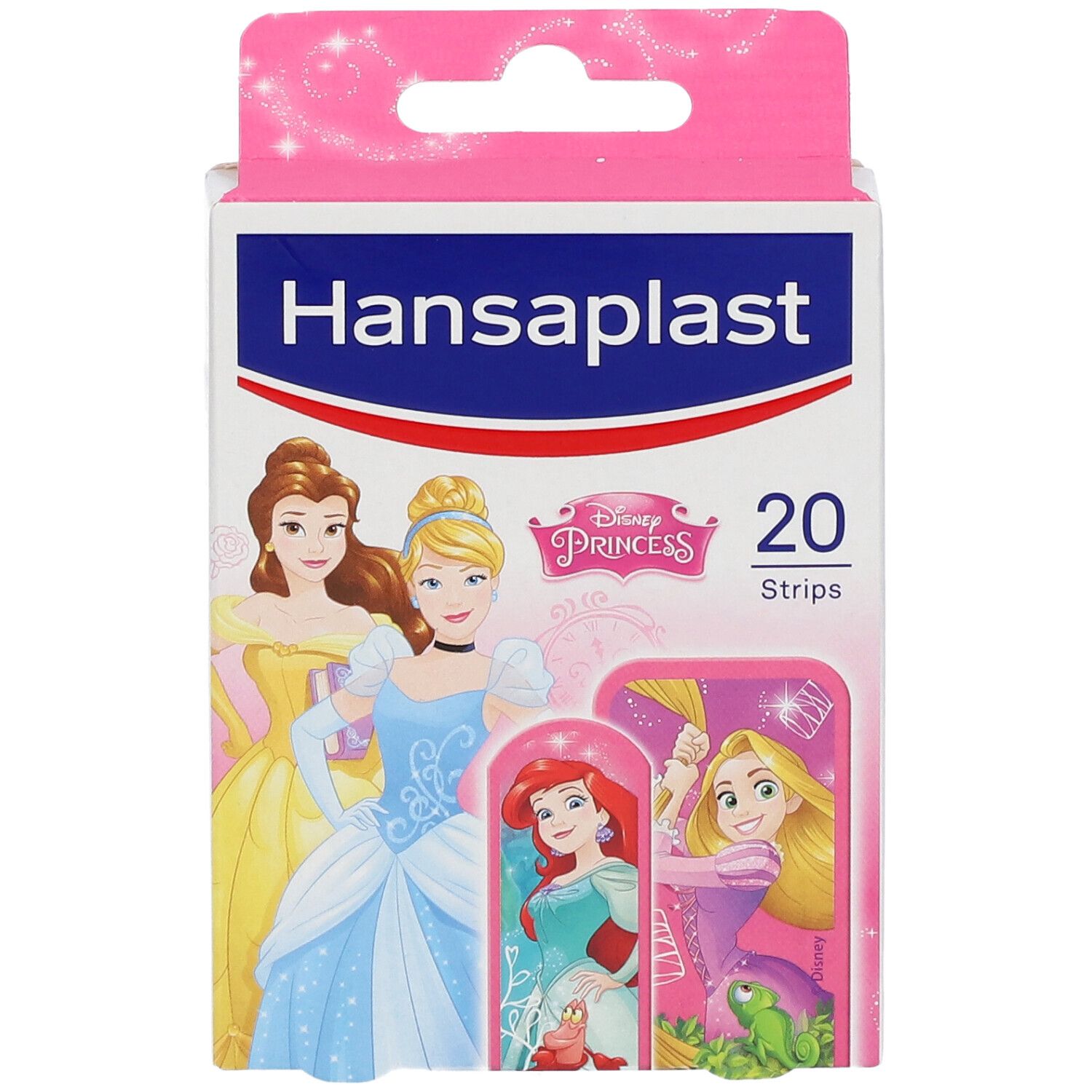Boîte de pansements. Imprimé Princesses Disney. 20 pièces. Design rose et blanc avec nom du produit.