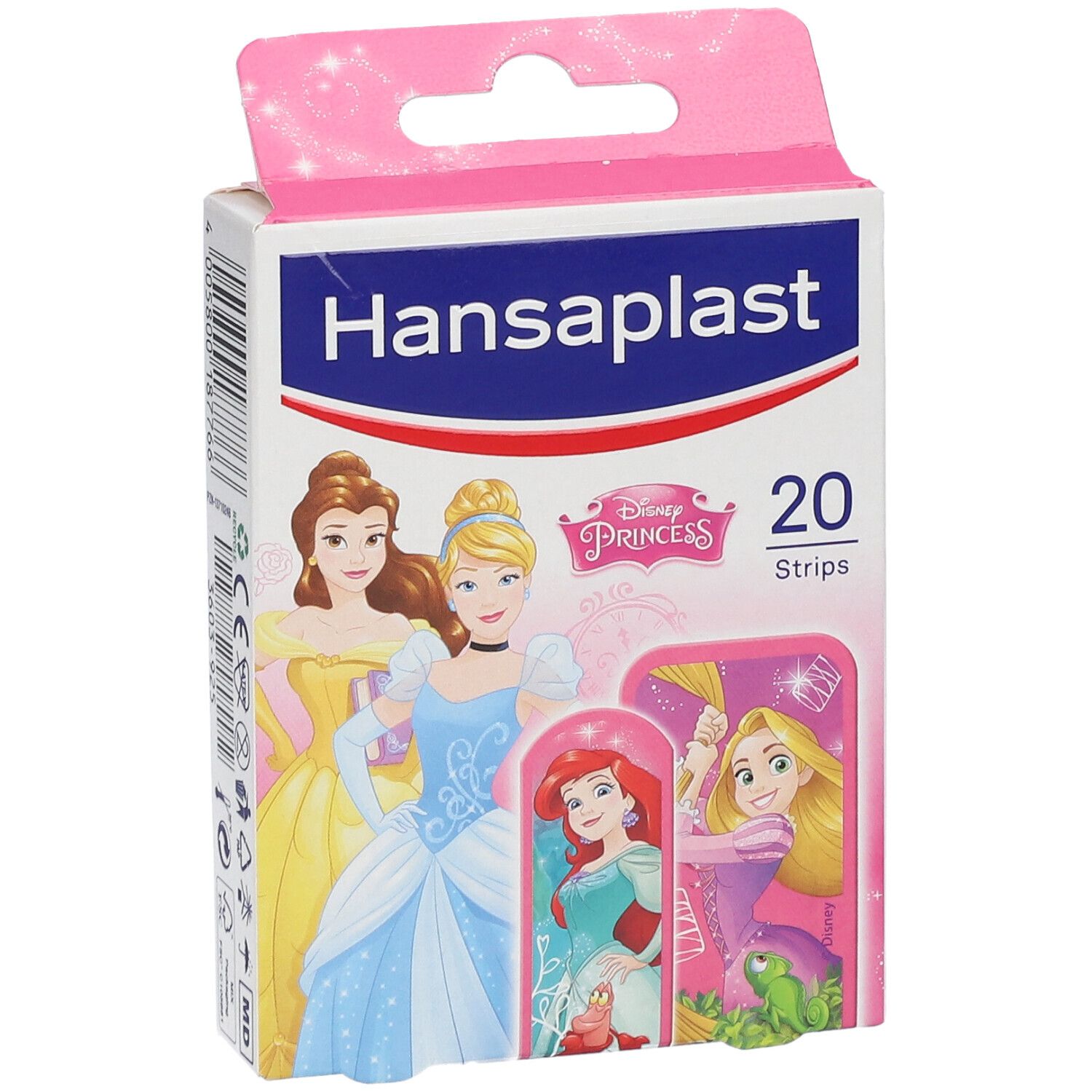 Boîte de pansements. Imprimé Princesses Disney. 20 pièces. Design rose et blanc avec nom du produit.
