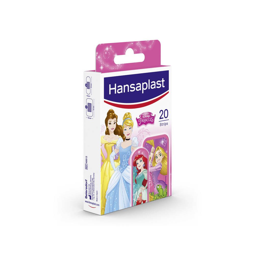Boîte de pansements. Imprimé Princesses Disney. 20 pièces. Design rose et blanc avec nom du produit.