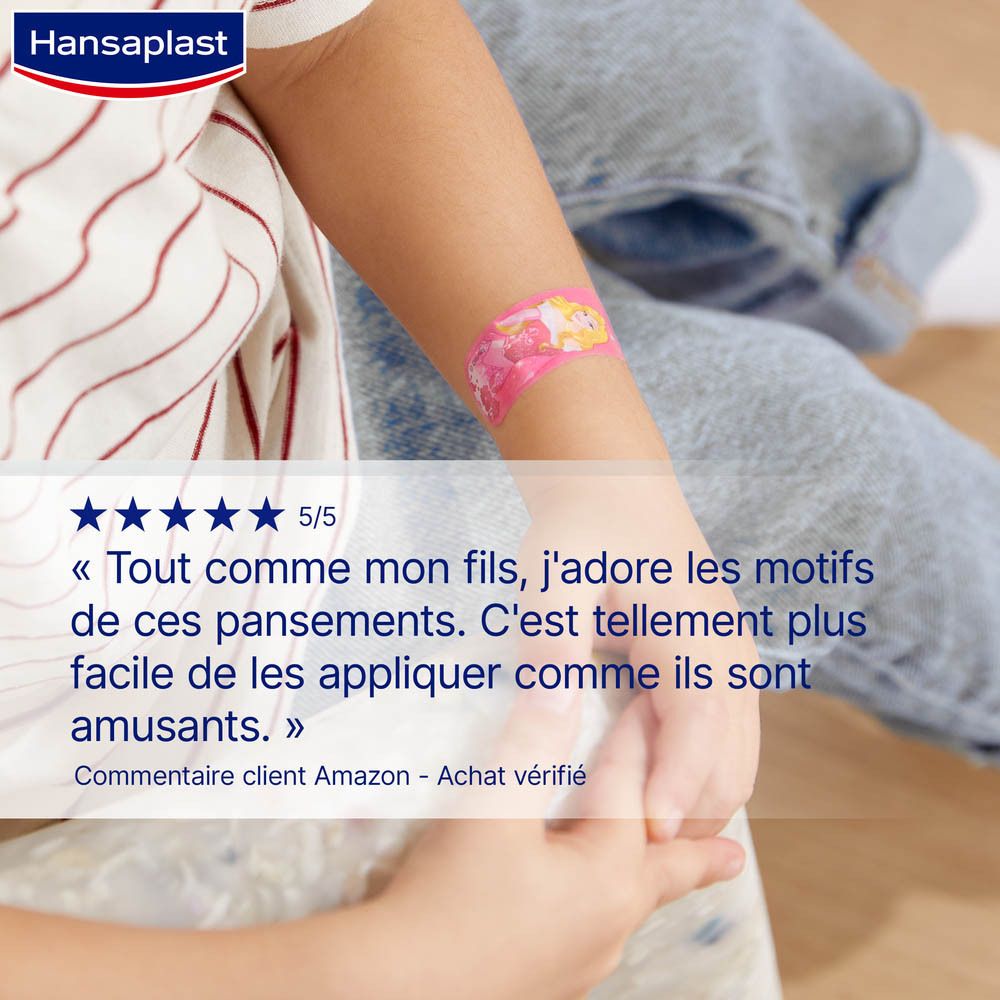 Image produit : pansement sur bras. Motif Princesses Disney. Texte : avis client, 5/5 étoiles.