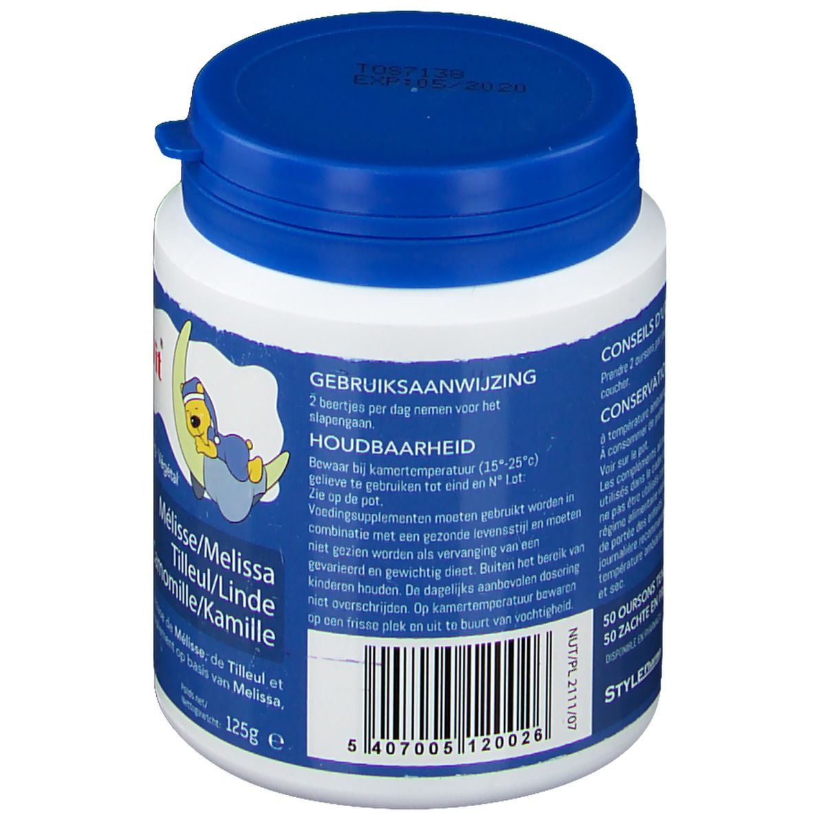 Rückseite der Dose. Text: Gebrauchsanweisung, Haltbarkeit. Enthält Barcode und Text in mehreren Sprachen. 125g.