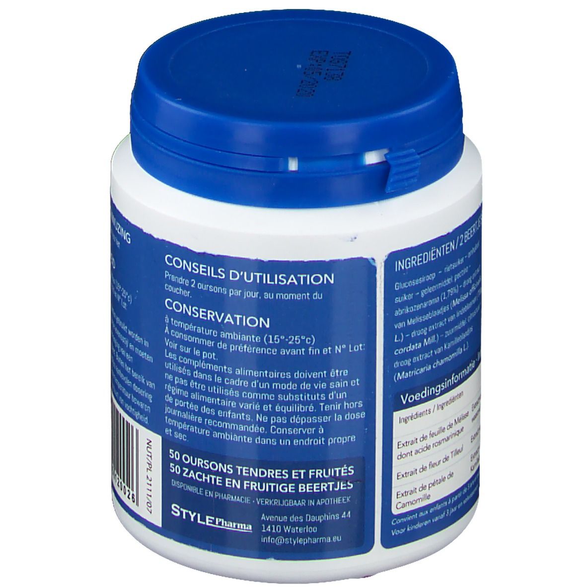 Rückseite der Dose. Text: Anwendungshinweise, Inhaltsstoffe. Enthält Text in mehreren Sprachen. 50 Bärchen.