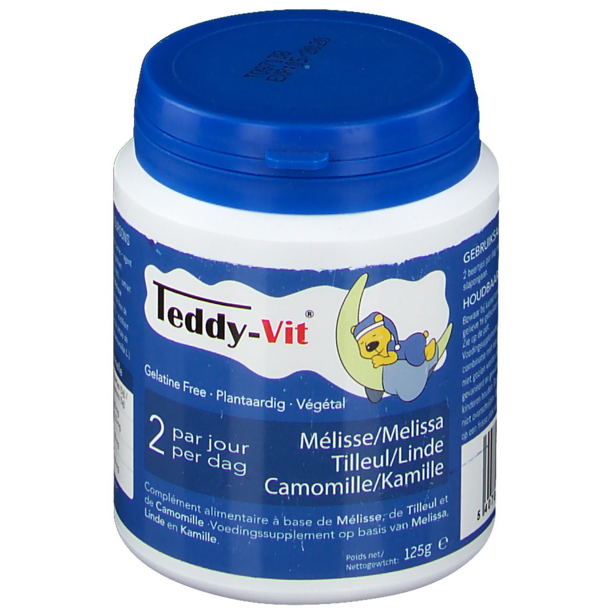 Weißes, zylindrisches Behältnis mit blauem Deckel. Aufschrift: Teddy-Vit, 2 pro Tag. Enthält Melisse, Linde und Kamille. 125g.