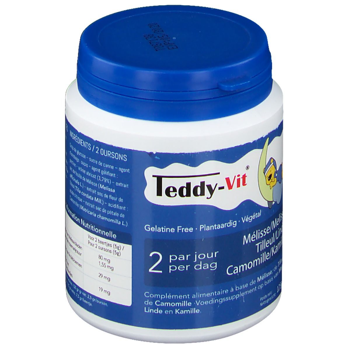Weißes, zylindrisches Behältnis mit blauem Deckel. Aufschrift: Teddy-Vit, 2 pro Tag. Enthält Melisse, Linde und Kamille. Nährwertangaben.