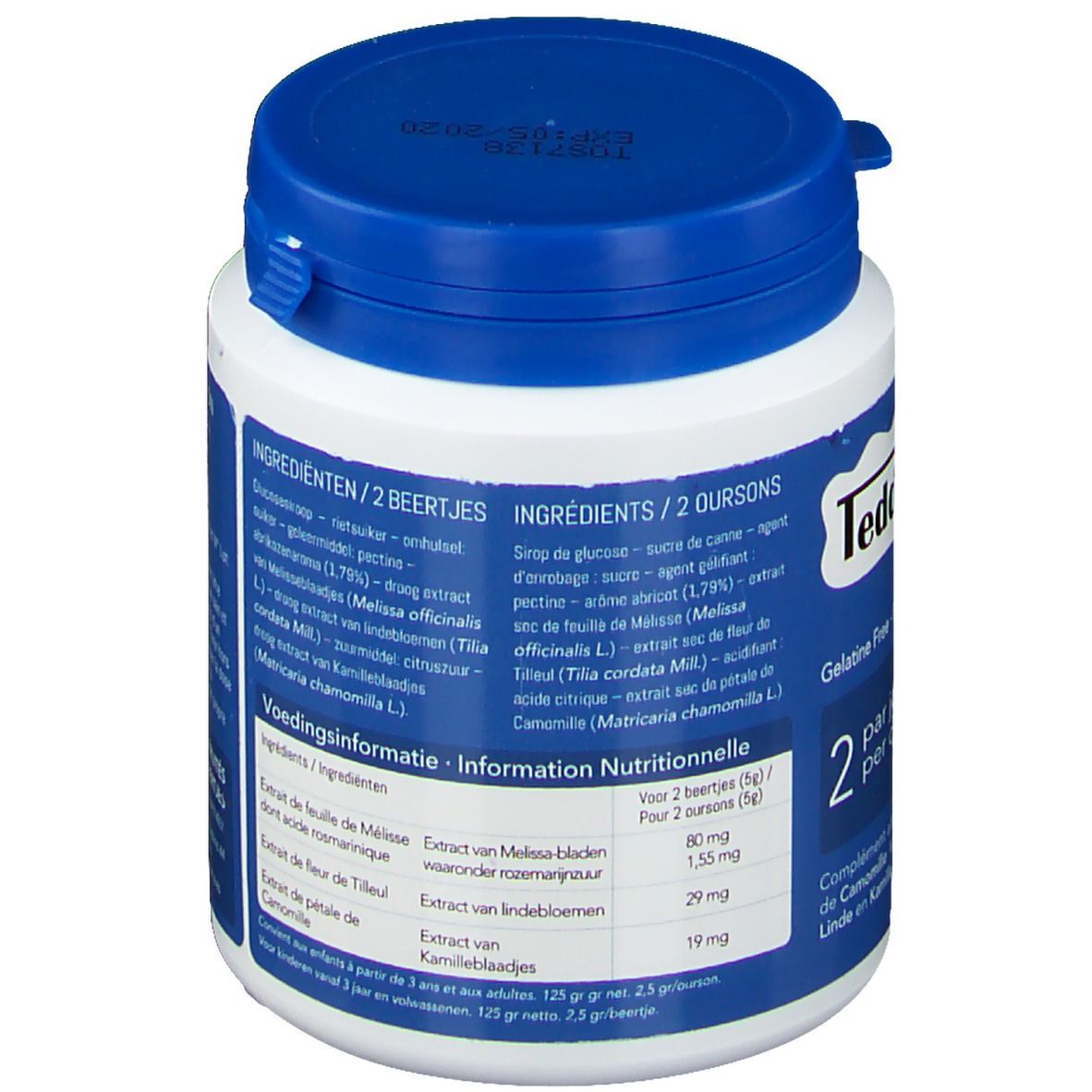 Rückseite der Dose. Text: Inhaltsstoffe, Nährwertangaben. Enthält Text in mehreren Sprachen. 125g.