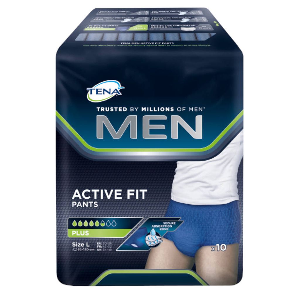 Paquet de TENA MEN Active Fit Pants Plus L. Emballage bleu avec image du produit. Taille L, 10 pièces.