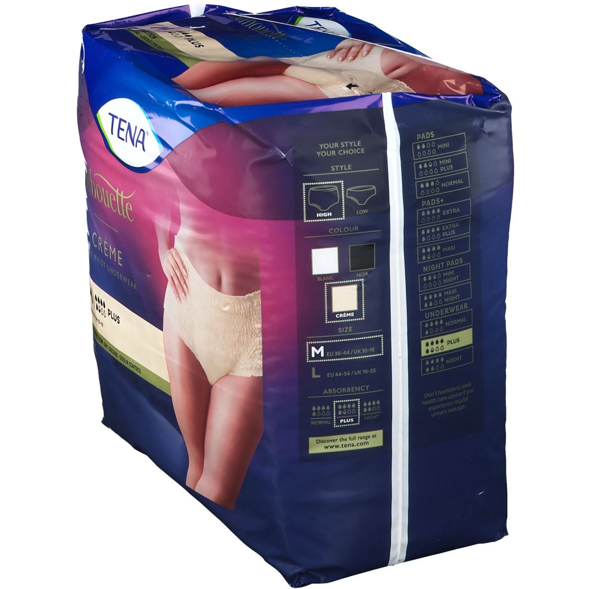 Paquet de TENA Silhouette Plus taille haute, taille M, beige. Indications de couleurs et tailles. Inscription : Silhouette, Crème, High Waist Underwear.