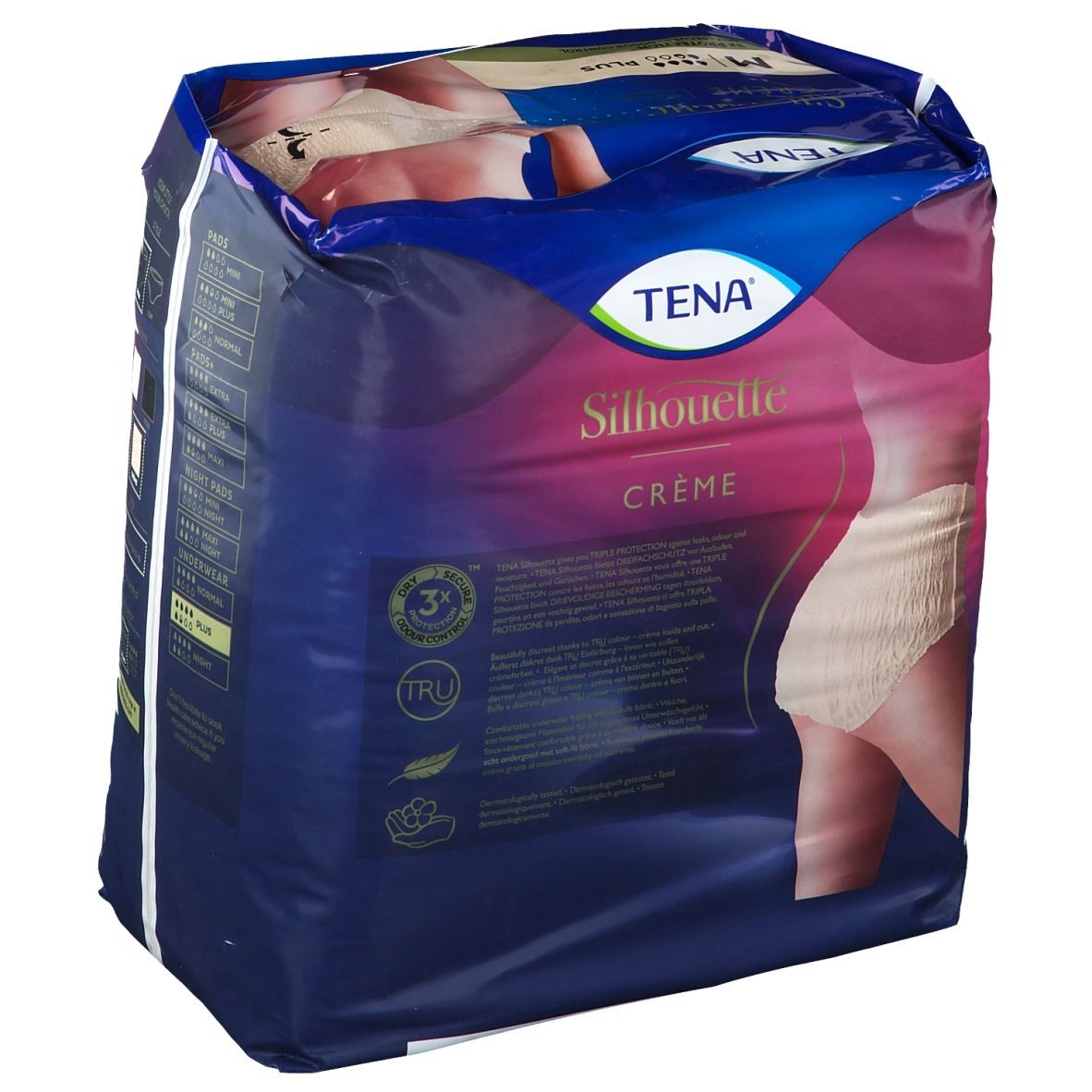 Paquet de TENA Silhouette Plus taille haute, taille M, beige. Inscription : Silhouette, Crème, High Waist Underwear. Protection 3x.