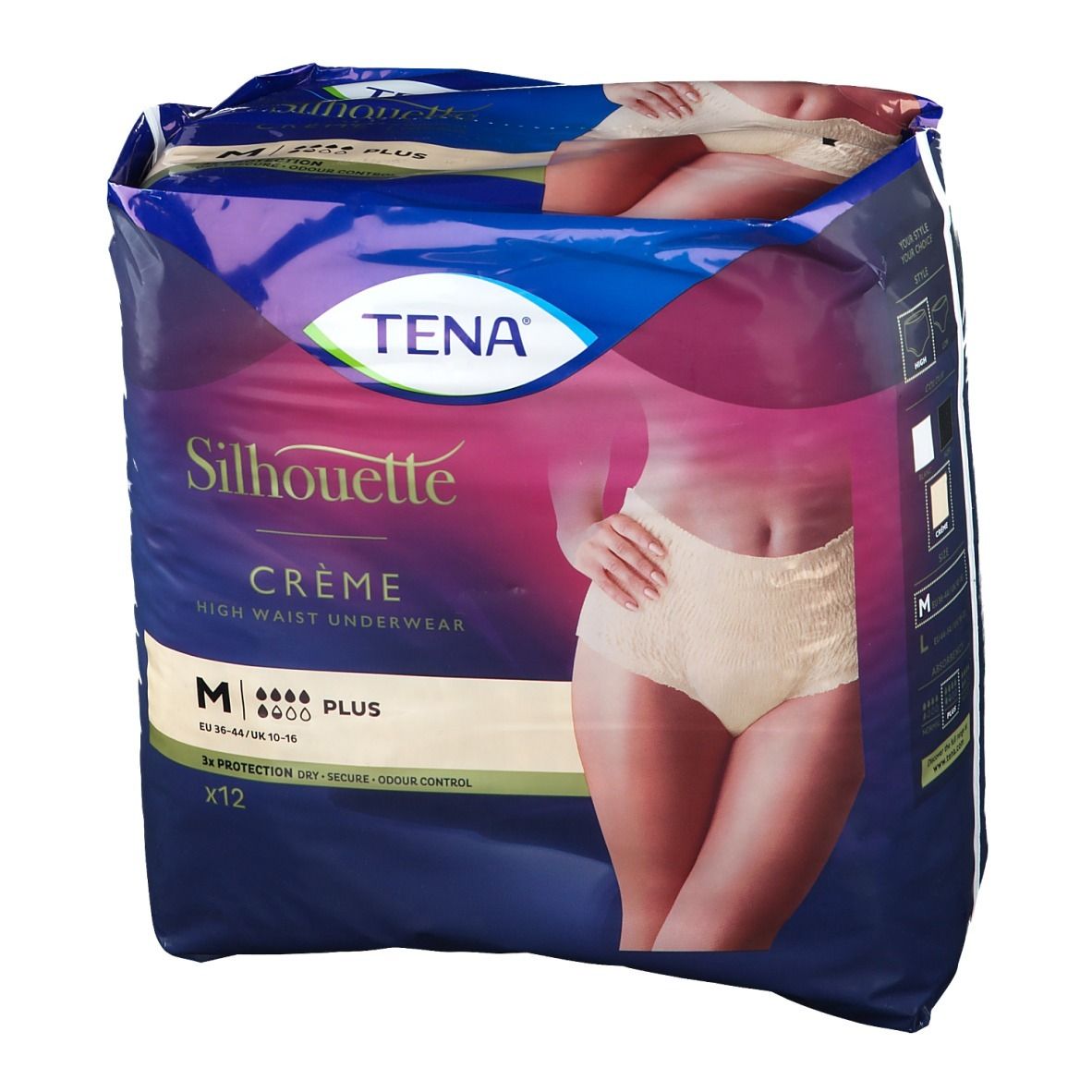Paquet de TENA Silhouette Plus taille haute, taille M, beige. 12 unités. Inscription : Silhouette, Crème, High Waist Underwear. Taille M.