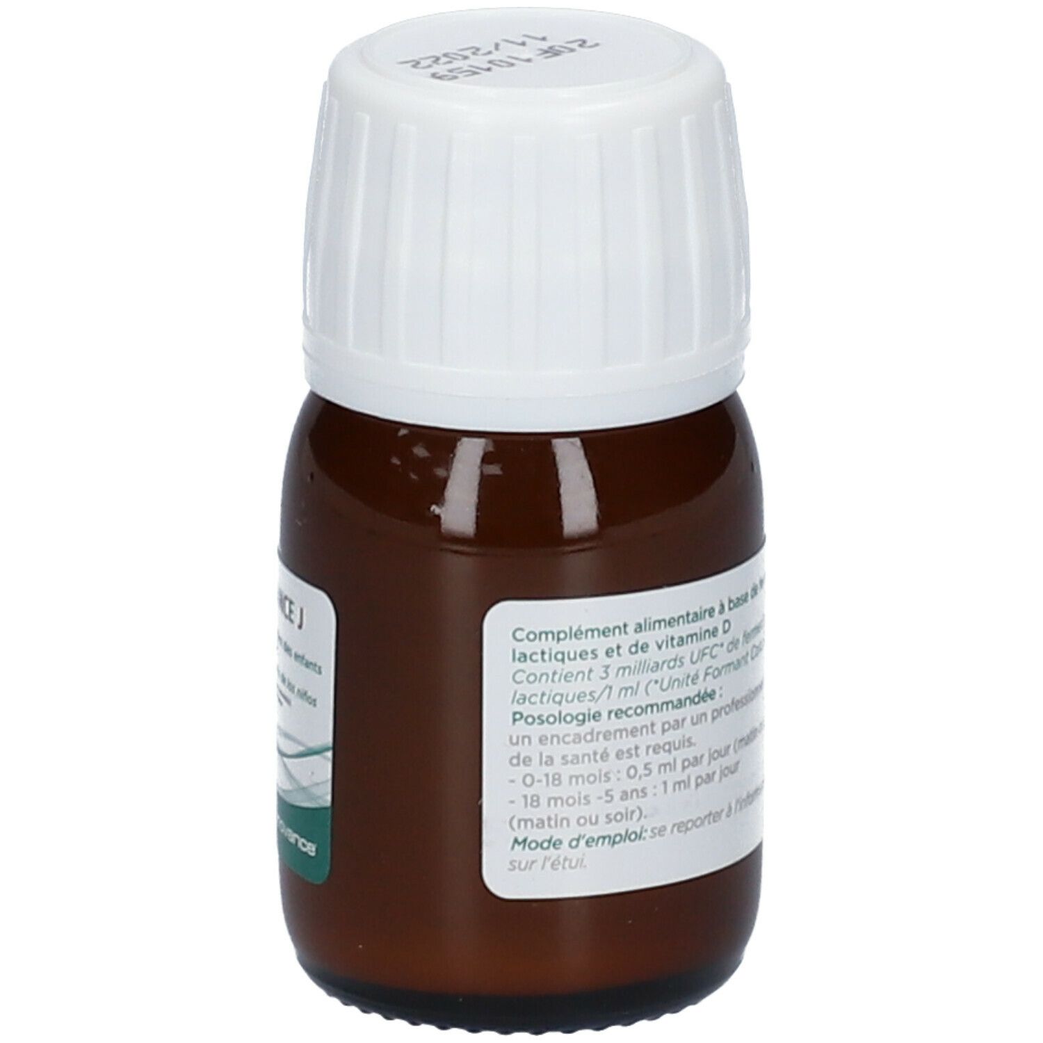 Flacon brun avec bouchon blanc. Étiquette avec informations produit. Recommandations de dosage.