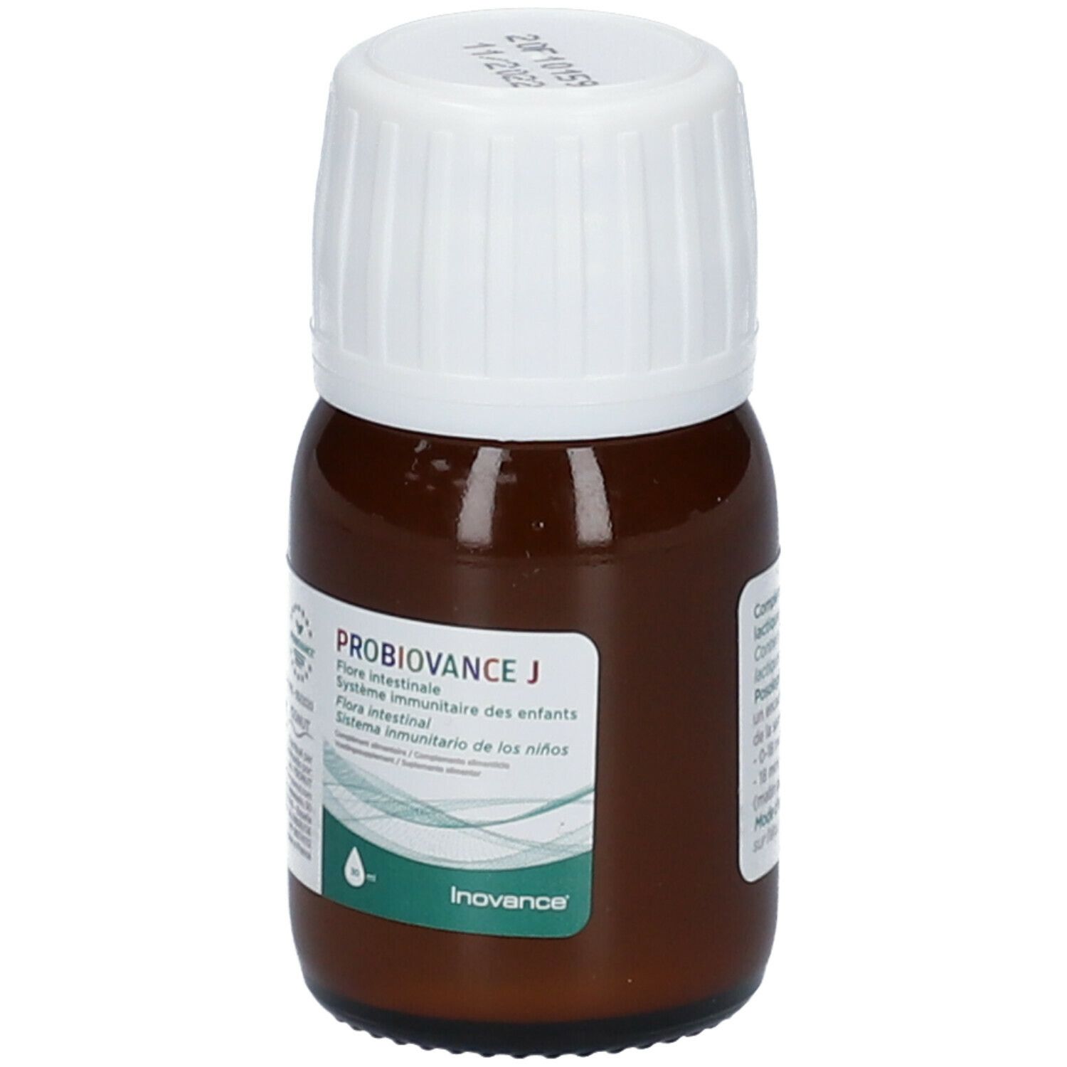 Flacon en verre brun avec bouchon blanc. Étiquette avec nom du produit: PROBIOVANCE J. Logo Inovance.